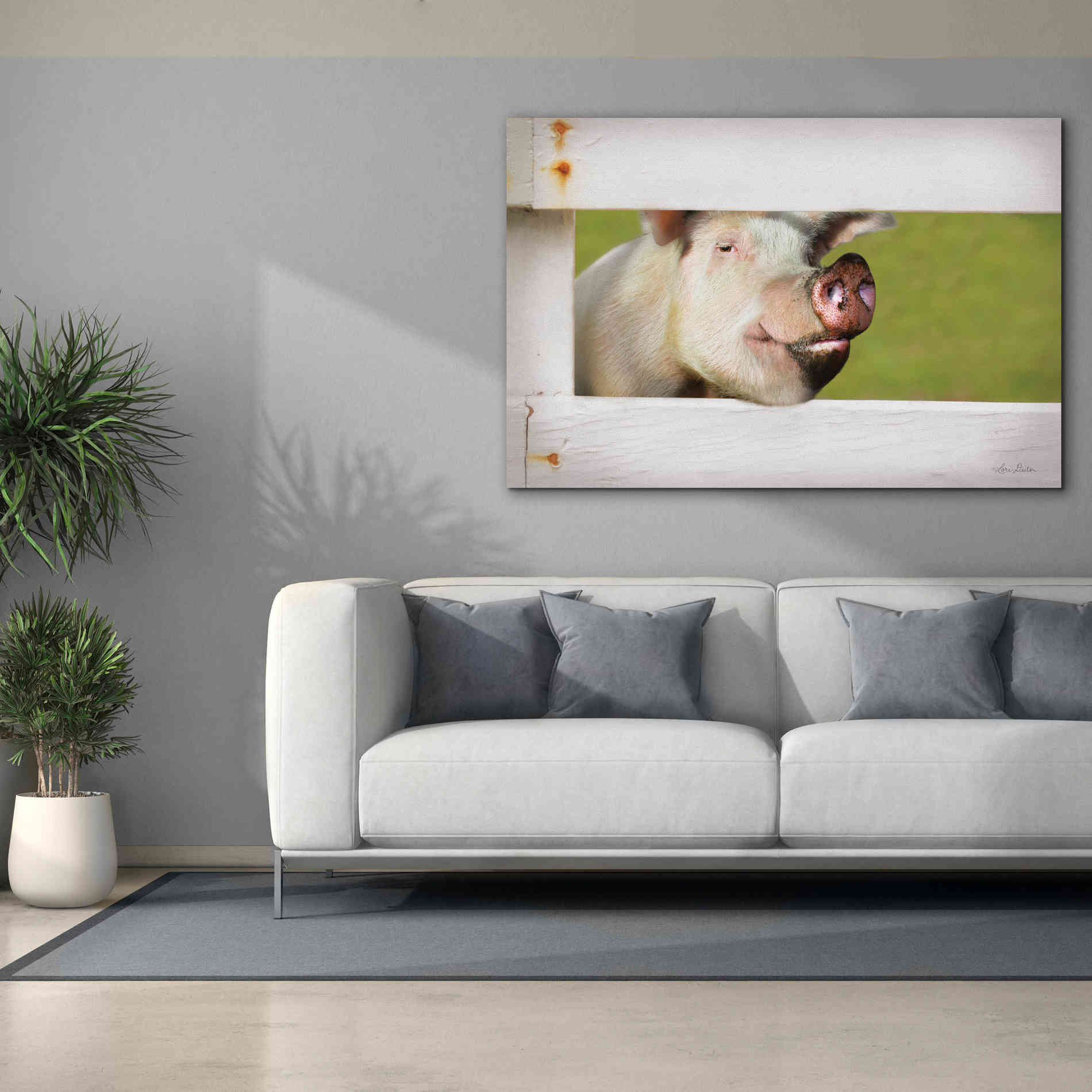 'Pig at Fence' by Lori Deiter, Canvas Wall Art,60 x 40