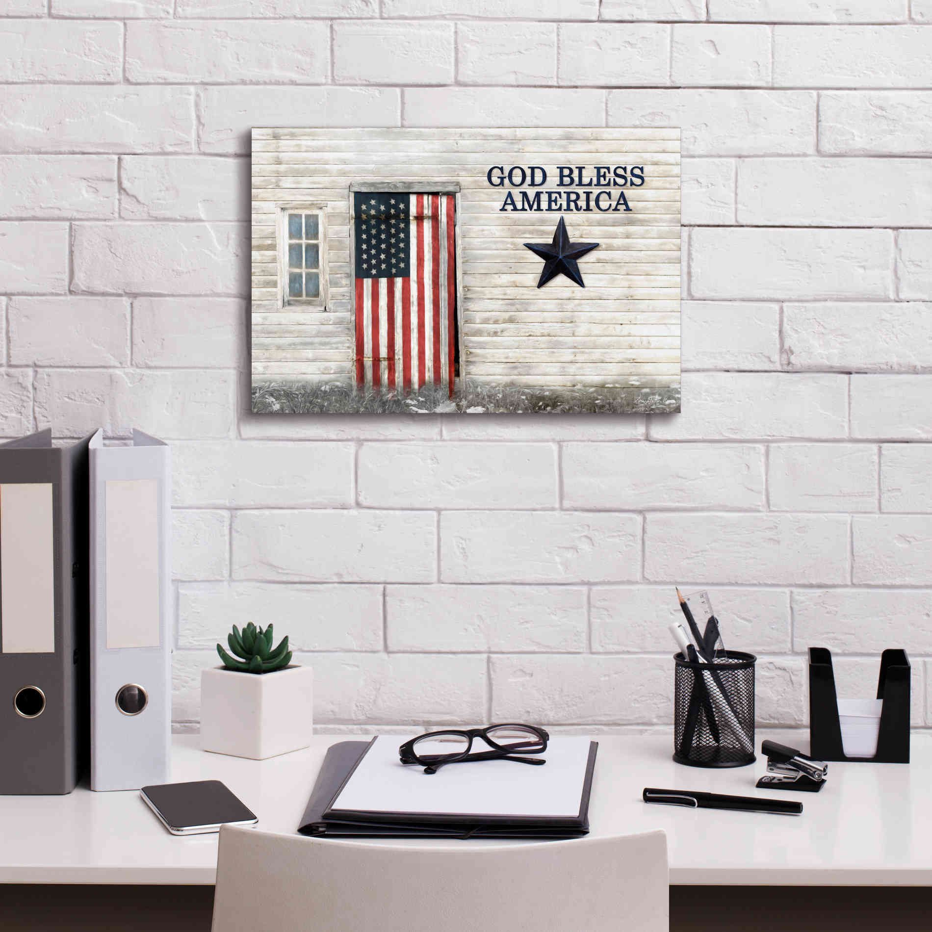'God Bless American Flag' by Lori Deiter, Canvas Wall Art,18 x 12