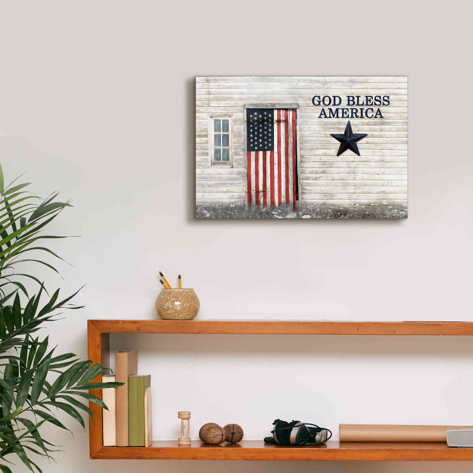 'God Bless American Flag' by Lori Deiter, Canvas Wall Art,18 x 12