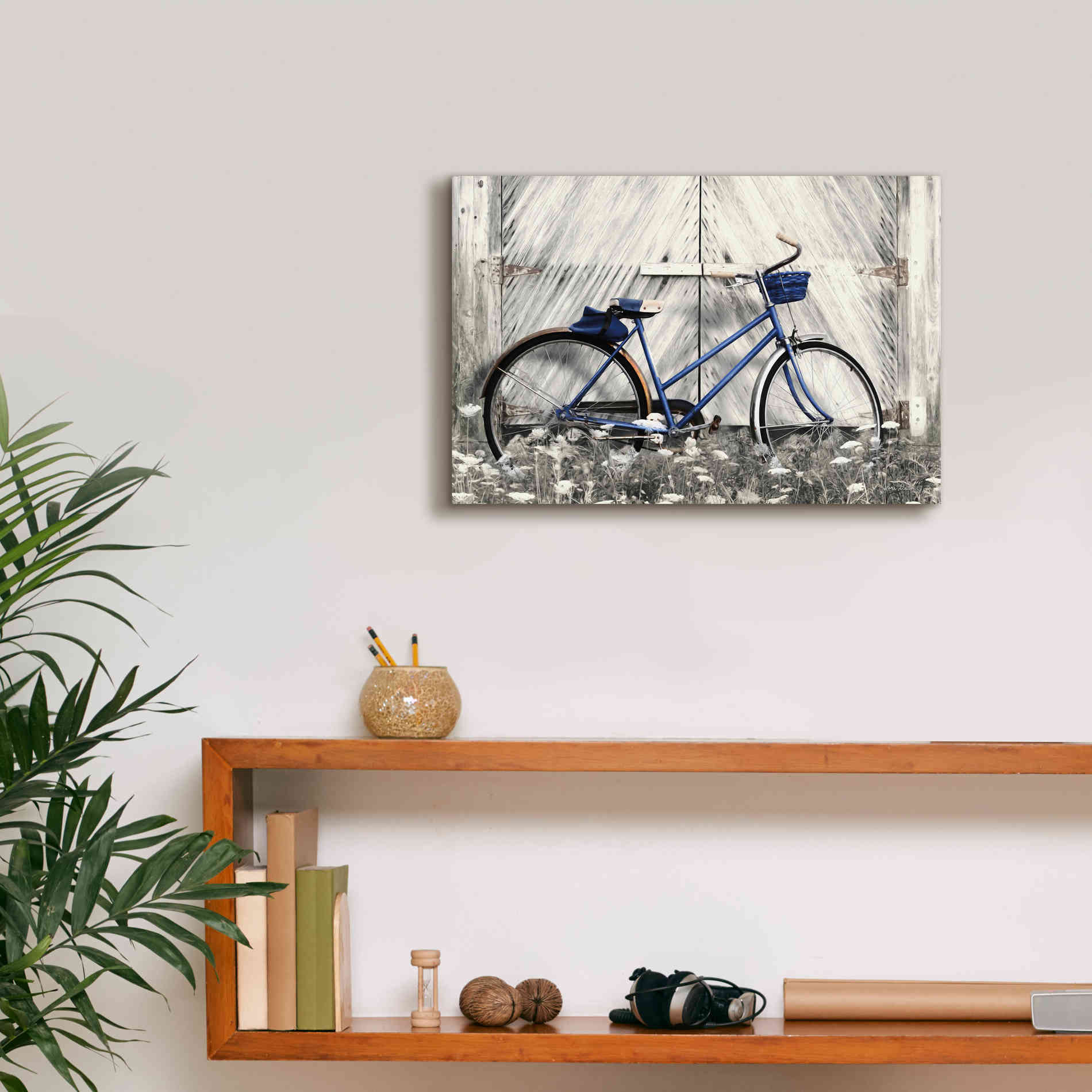 'Blue Bike at Barn' by Lori Deiter, Canvas Wall Art,18 x 12