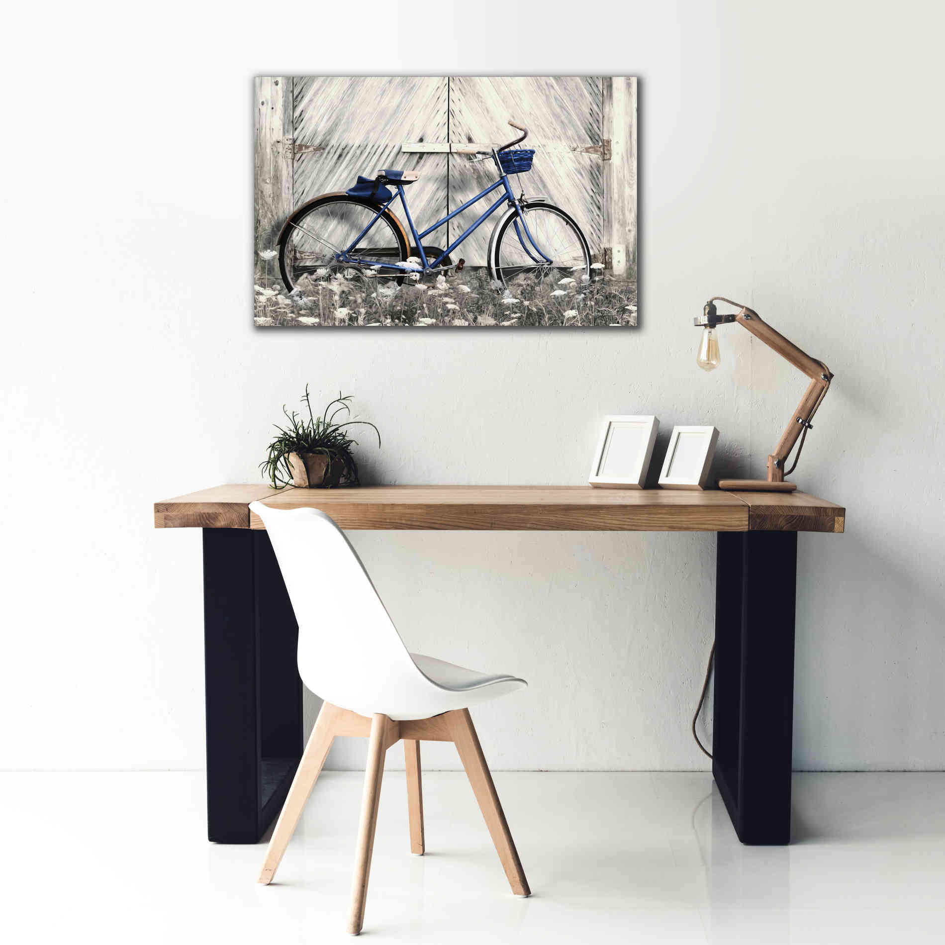 'Blue Bike at Barn' by Lori Deiter, Canvas Wall Art,40 x 26