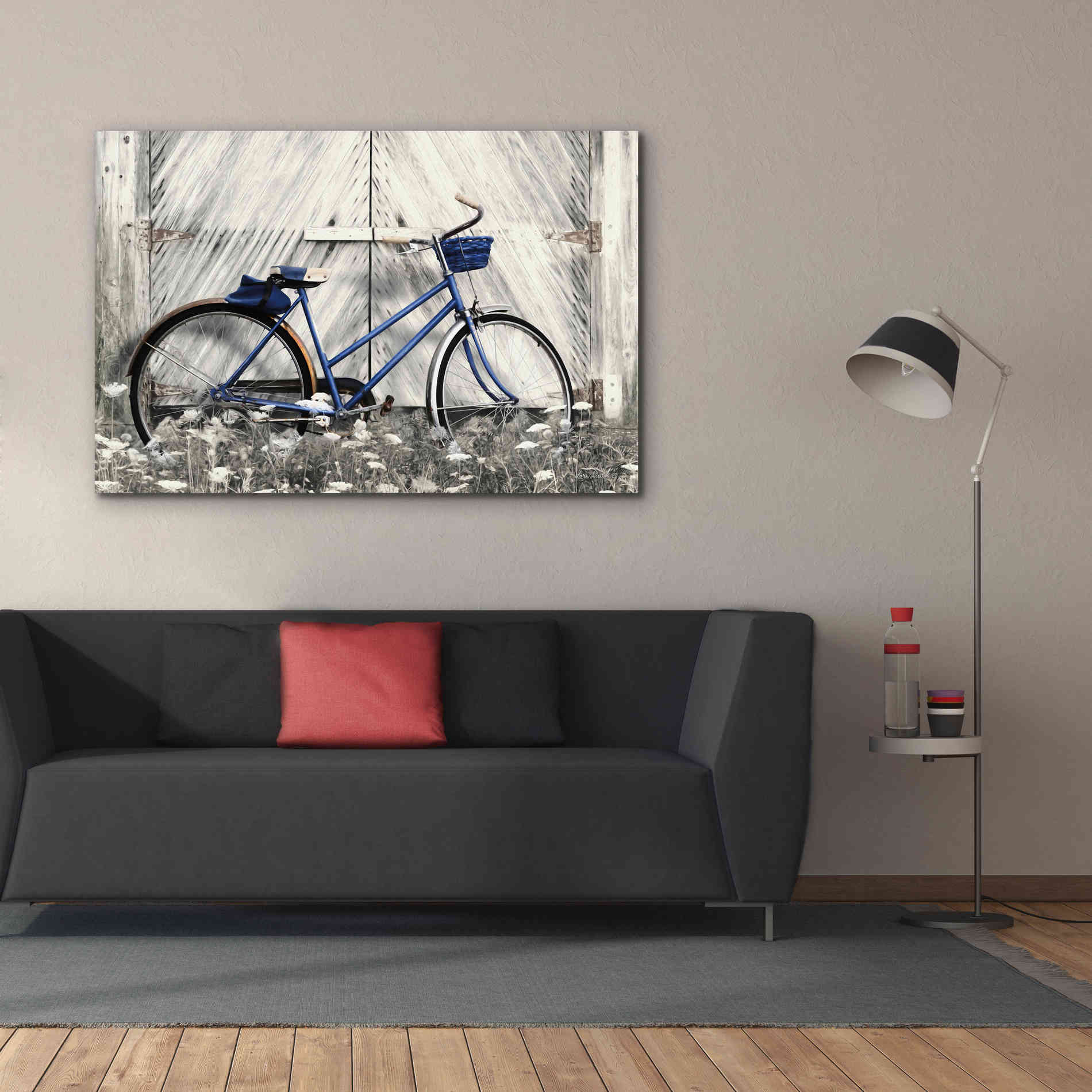 'Blue Bike at Barn' by Lori Deiter, Canvas Wall Art,60 x 40