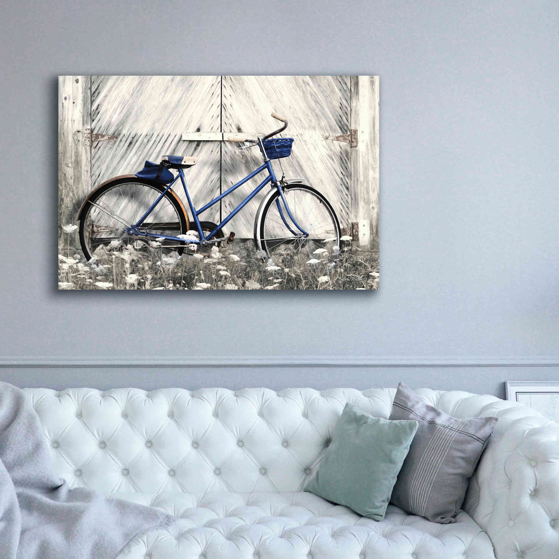 'Blue Bike at Barn' by Lori Deiter, Canvas Wall Art,60 x 40