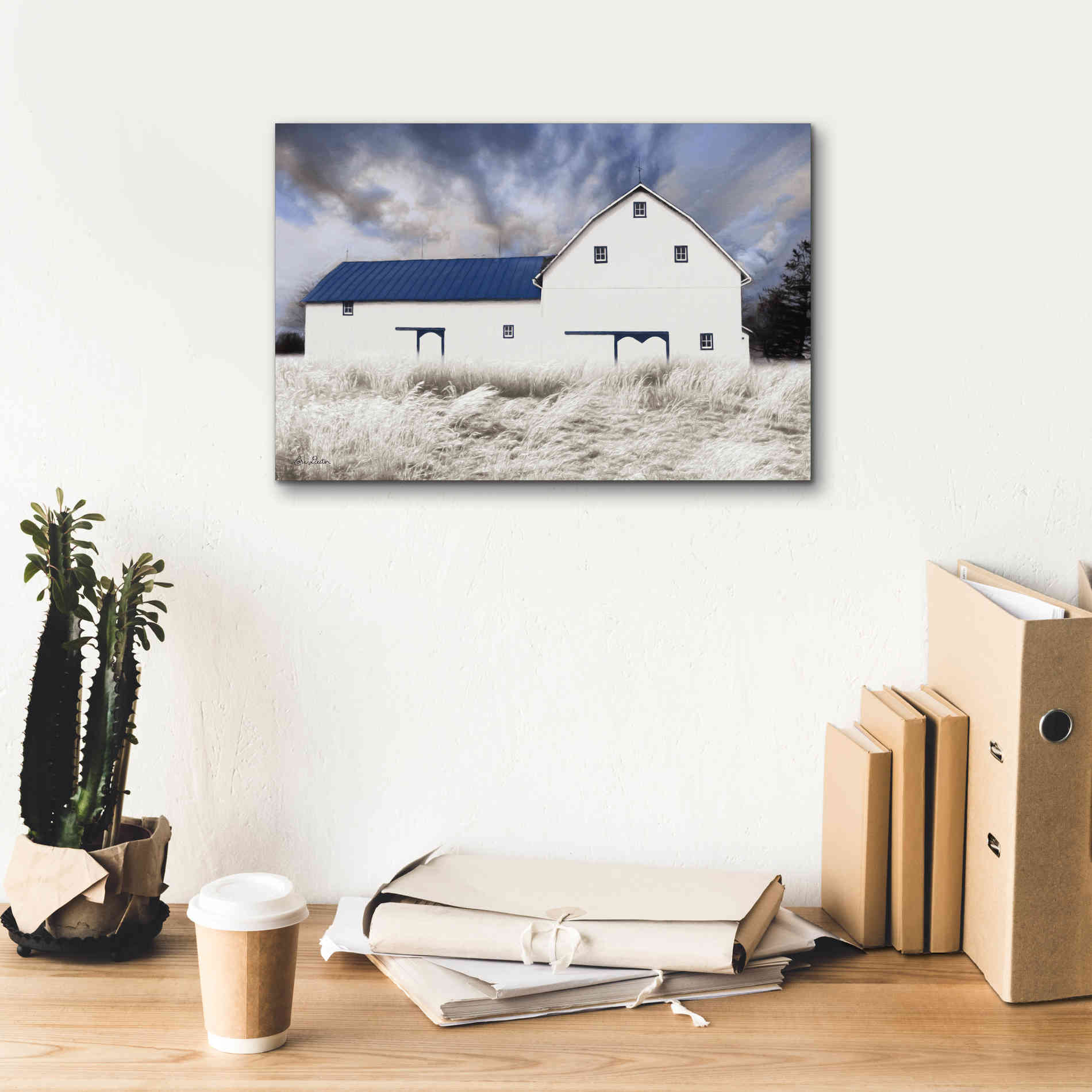 'Blue Trimmed Barn' by Lori Deiter, Canvas Wall Art,18 x 12
