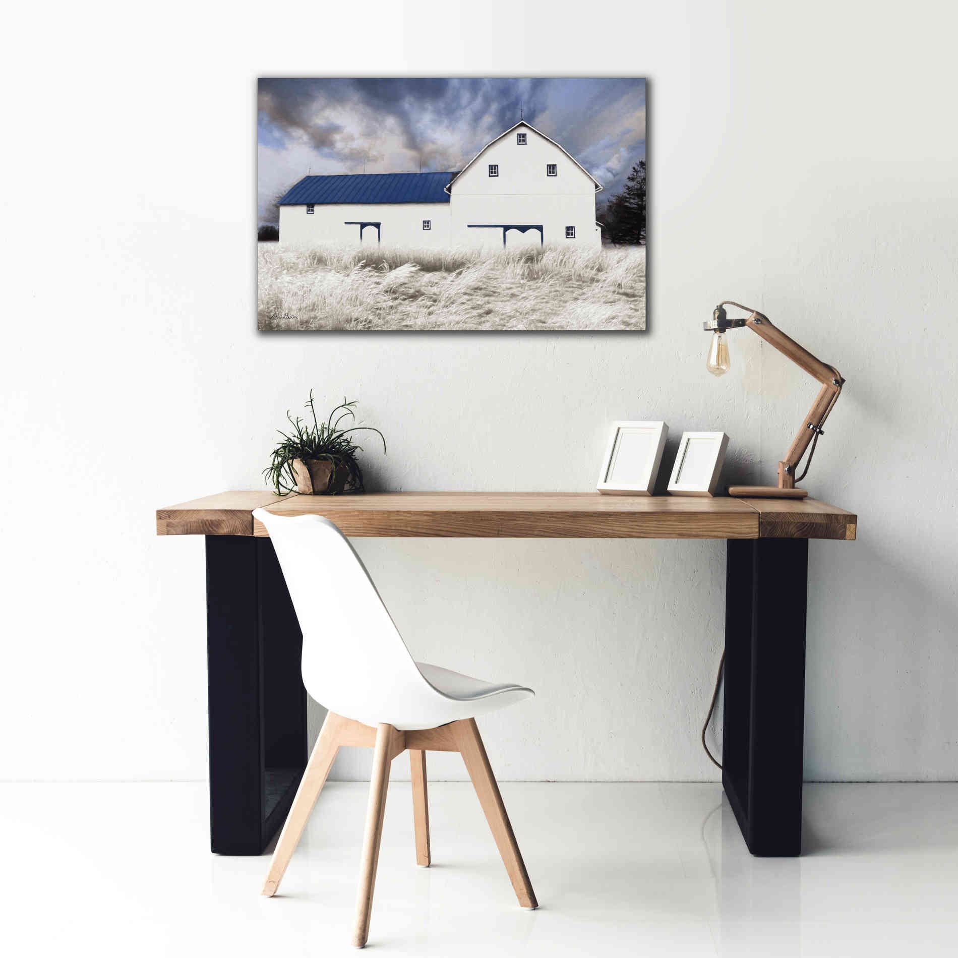 'Blue Trimmed Barn' by Lori Deiter, Canvas Wall Art,40 x 26