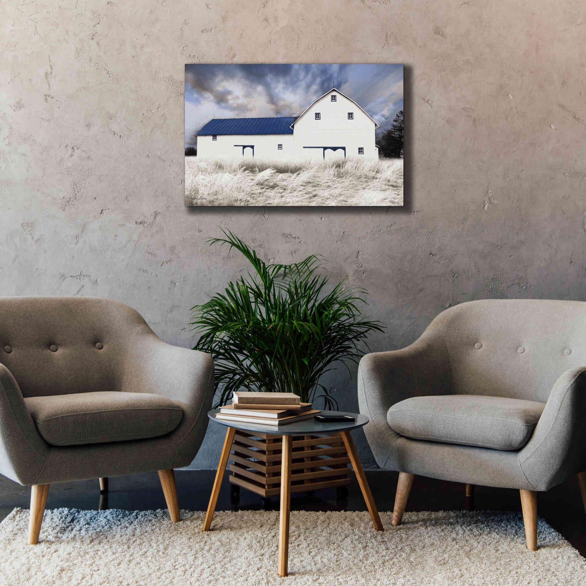 'Blue Trimmed Barn' by Lori Deiter, Canvas Wall Art,40 x 26