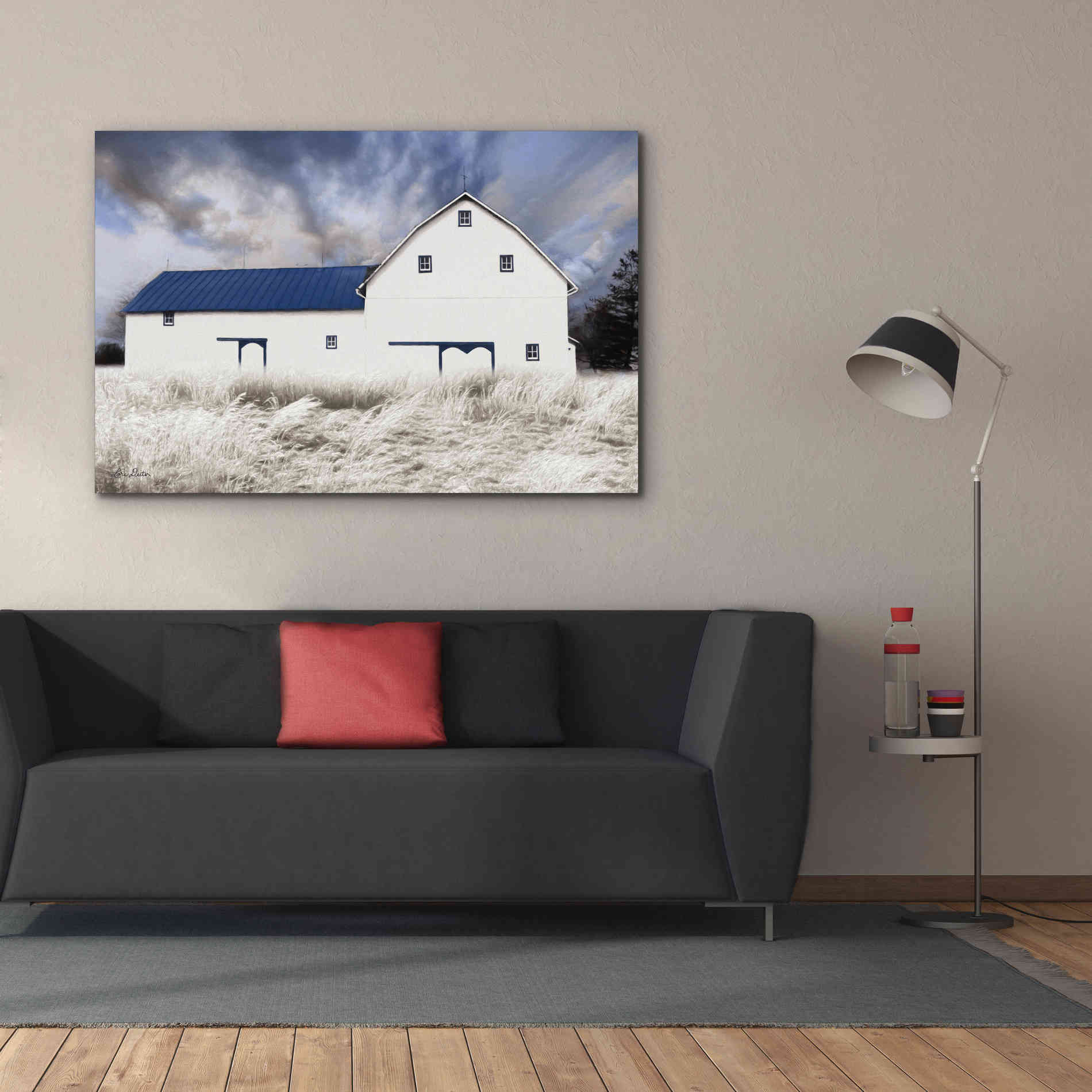 'Blue Trimmed Barn' by Lori Deiter, Canvas Wall Art,60 x 40