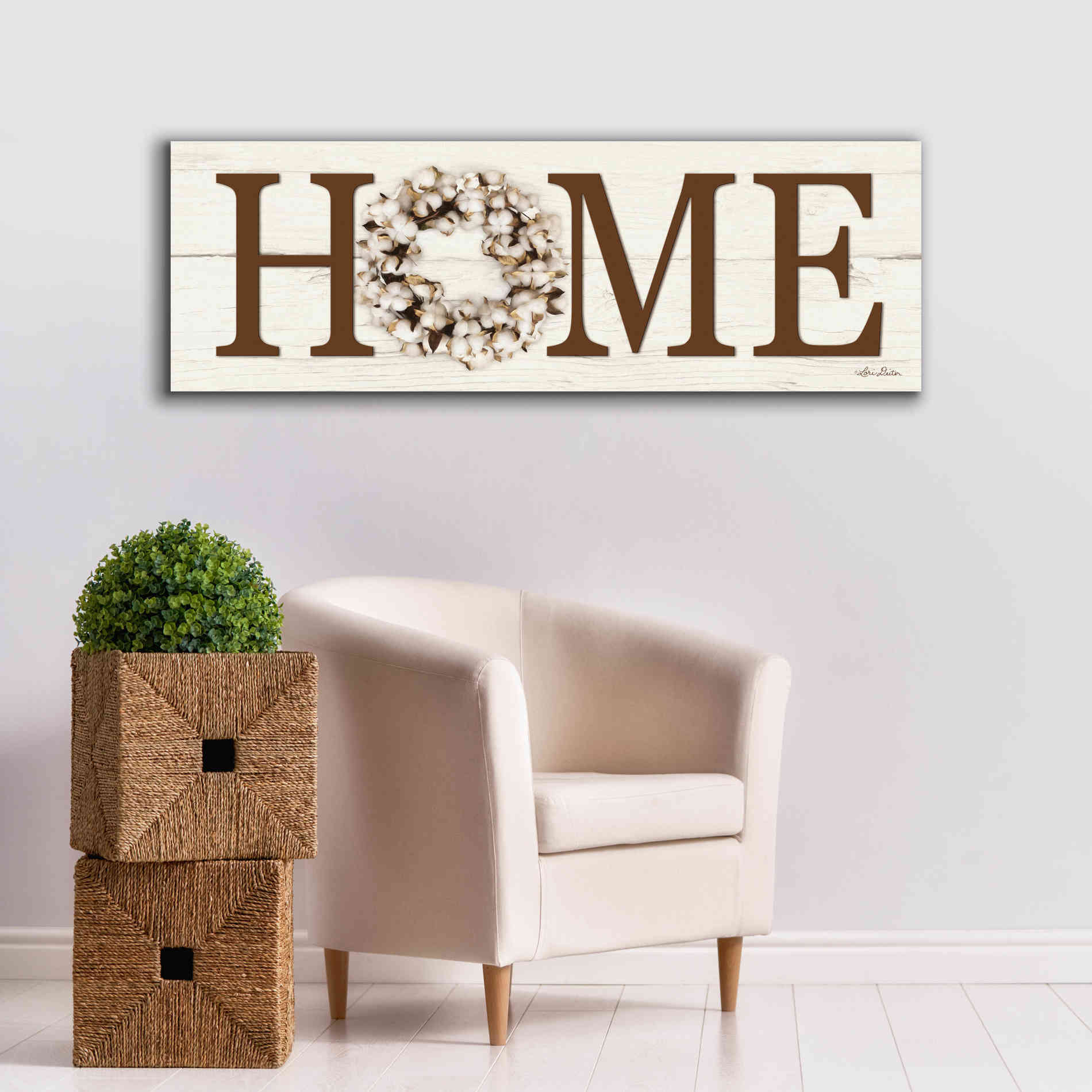 'Cotton Wreath Home Vertical' by Lori Deiter, Canvas Wall Art,60 x 20