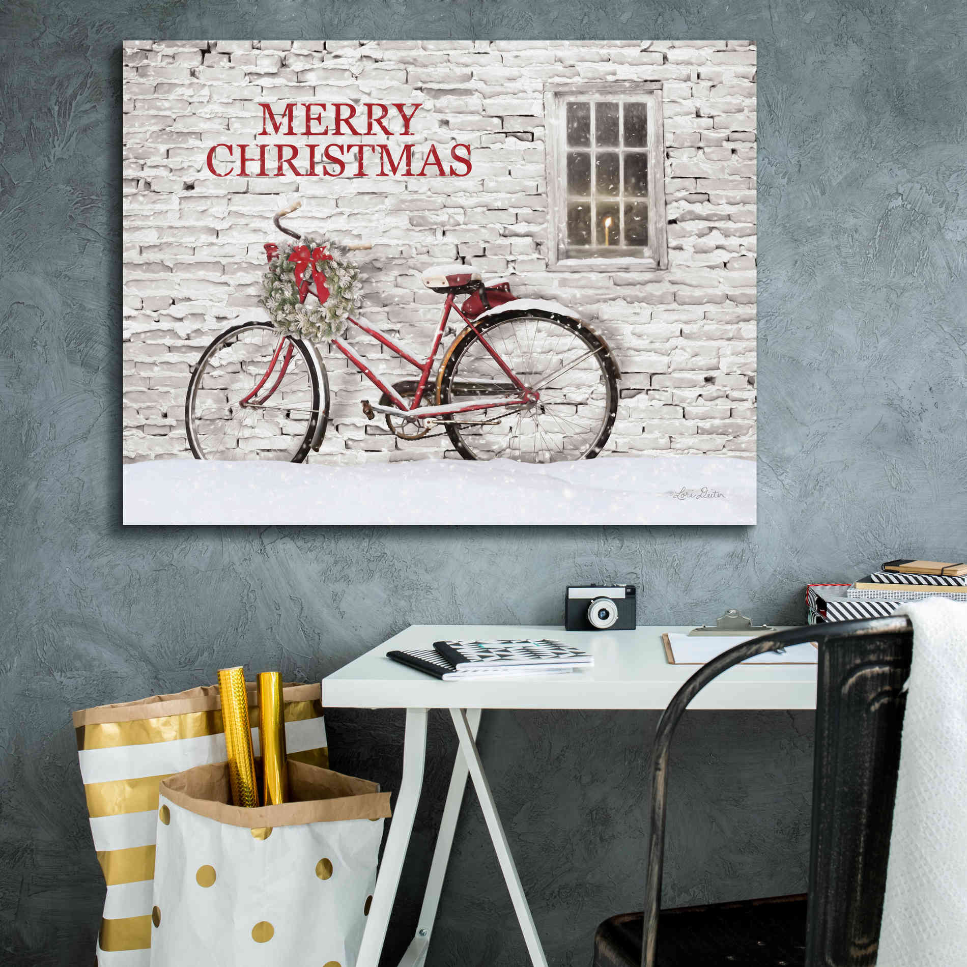 'Merry Christmas Bicycle' by Lori Deiter, Canvas Wall Art,34 x 26