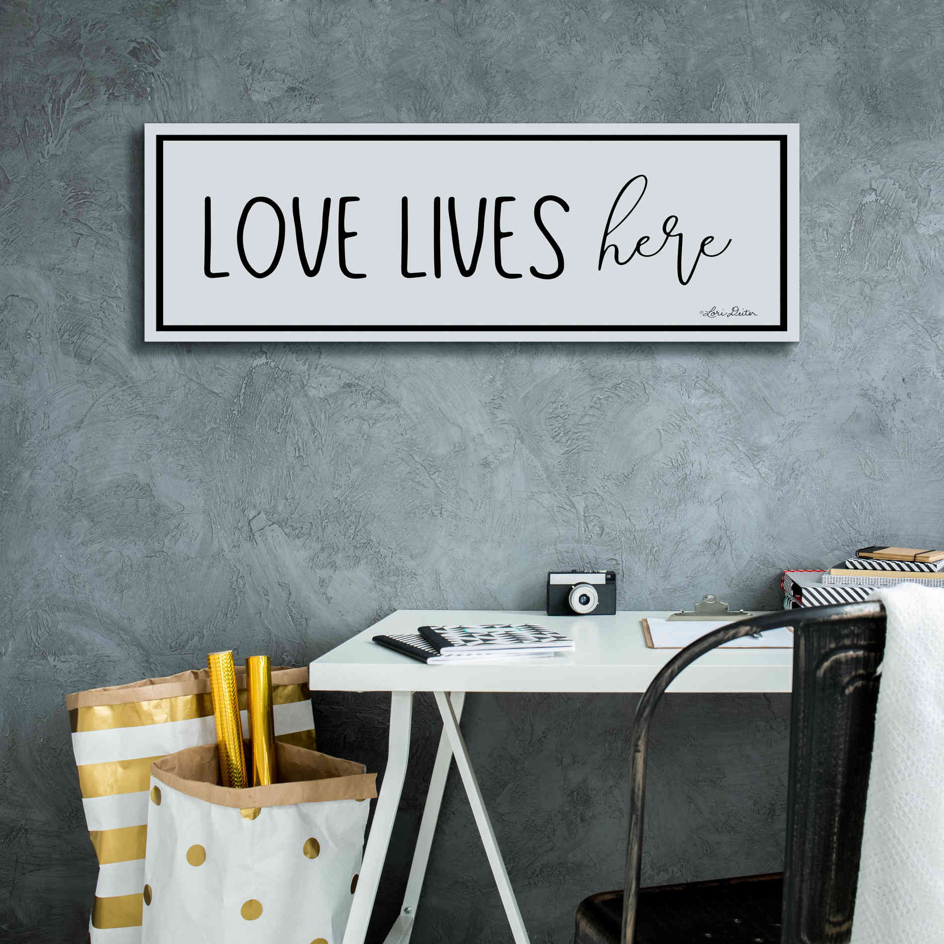 'Love Lives Here' by Lori Deiter, Canvas Wall Art,36 x 12