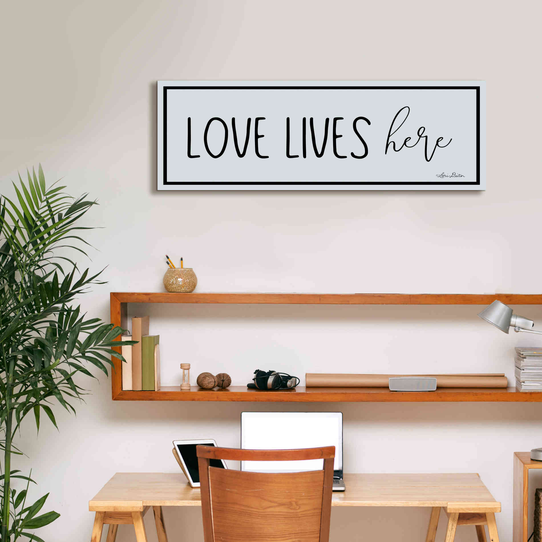 'Love Lives Here' by Lori Deiter, Canvas Wall Art,36 x 12