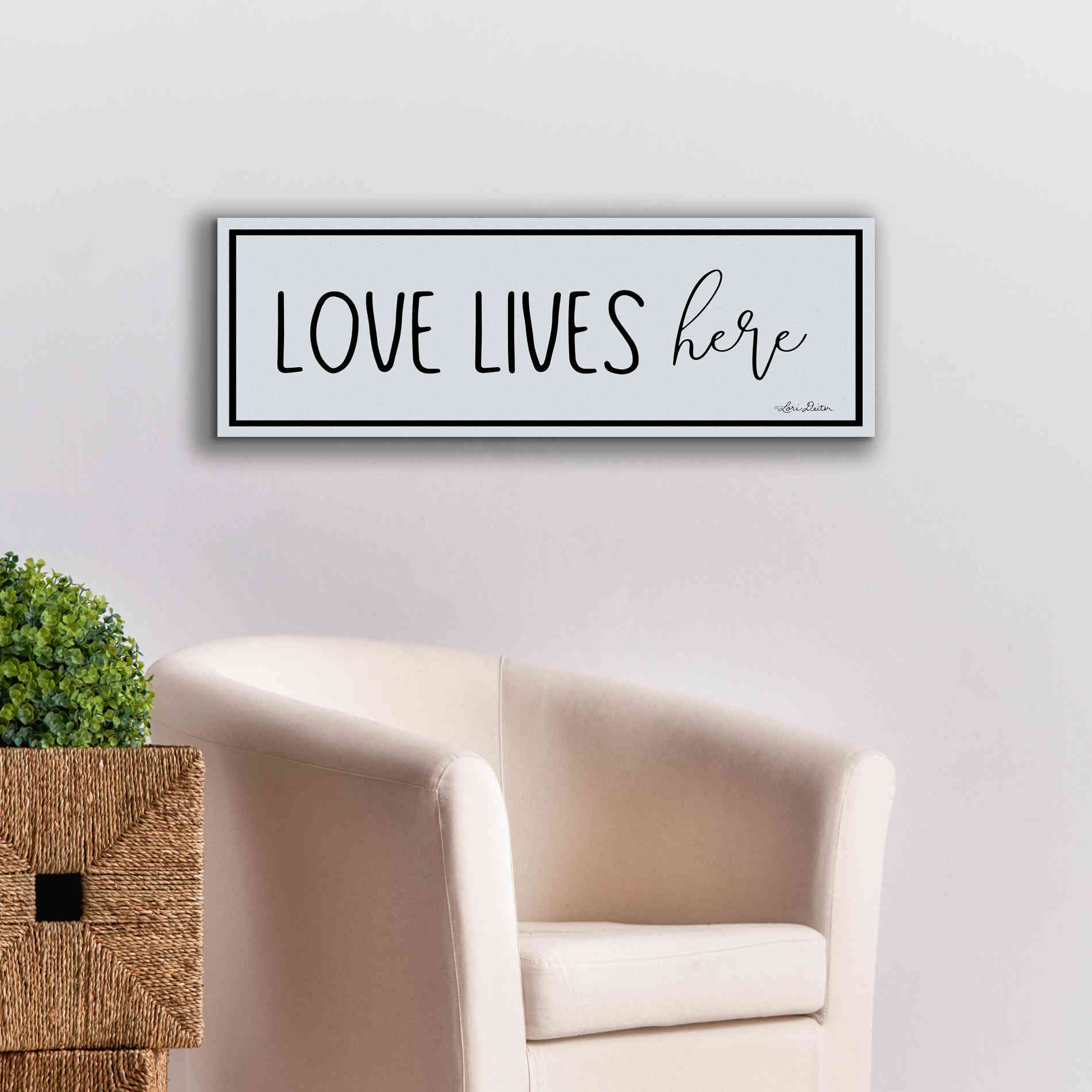'Love Lives Here' by Lori Deiter, Canvas Wall Art,36 x 12