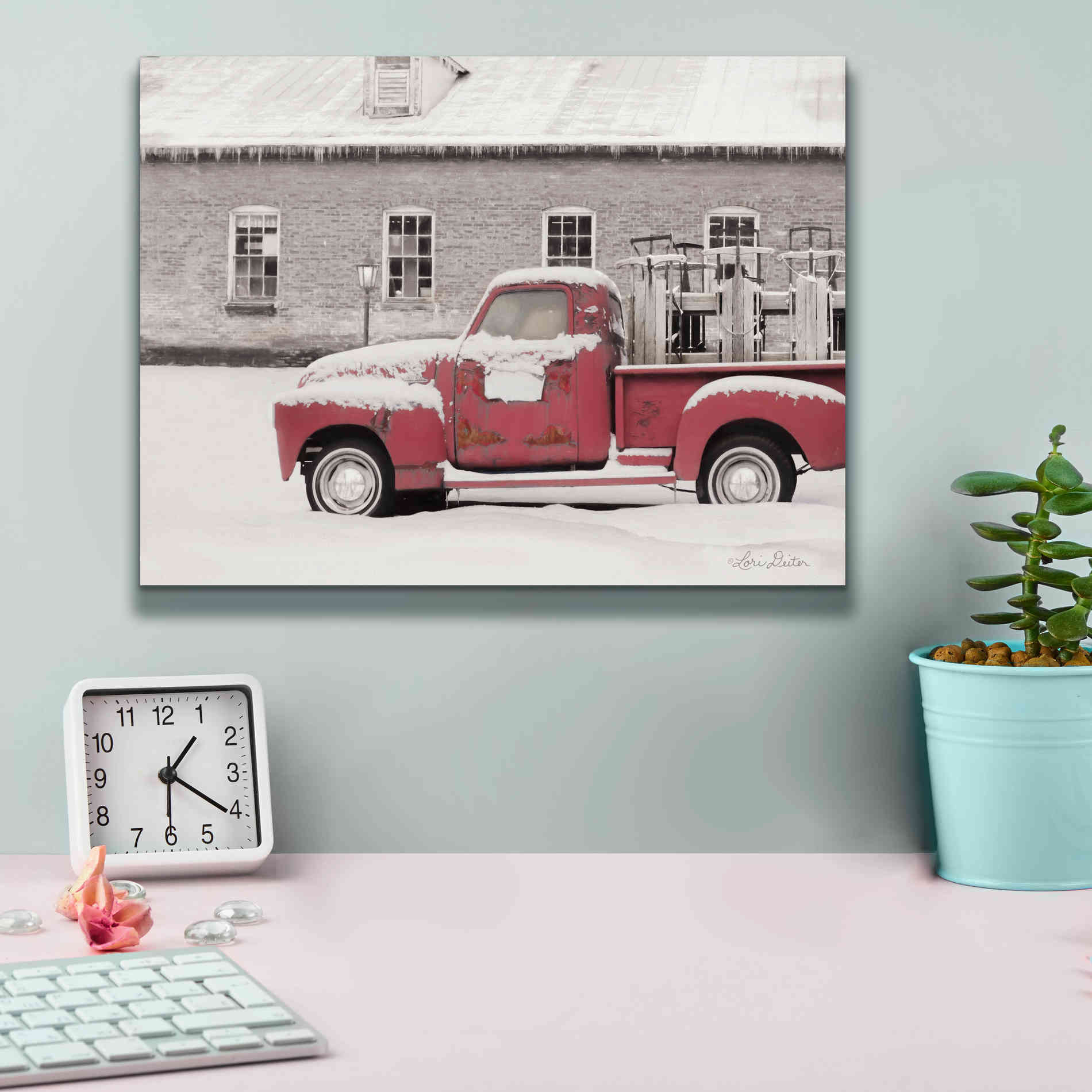 'Old Sled Works Red Truck' by Lori Deiter, Canvas Wall Art,16 x 12