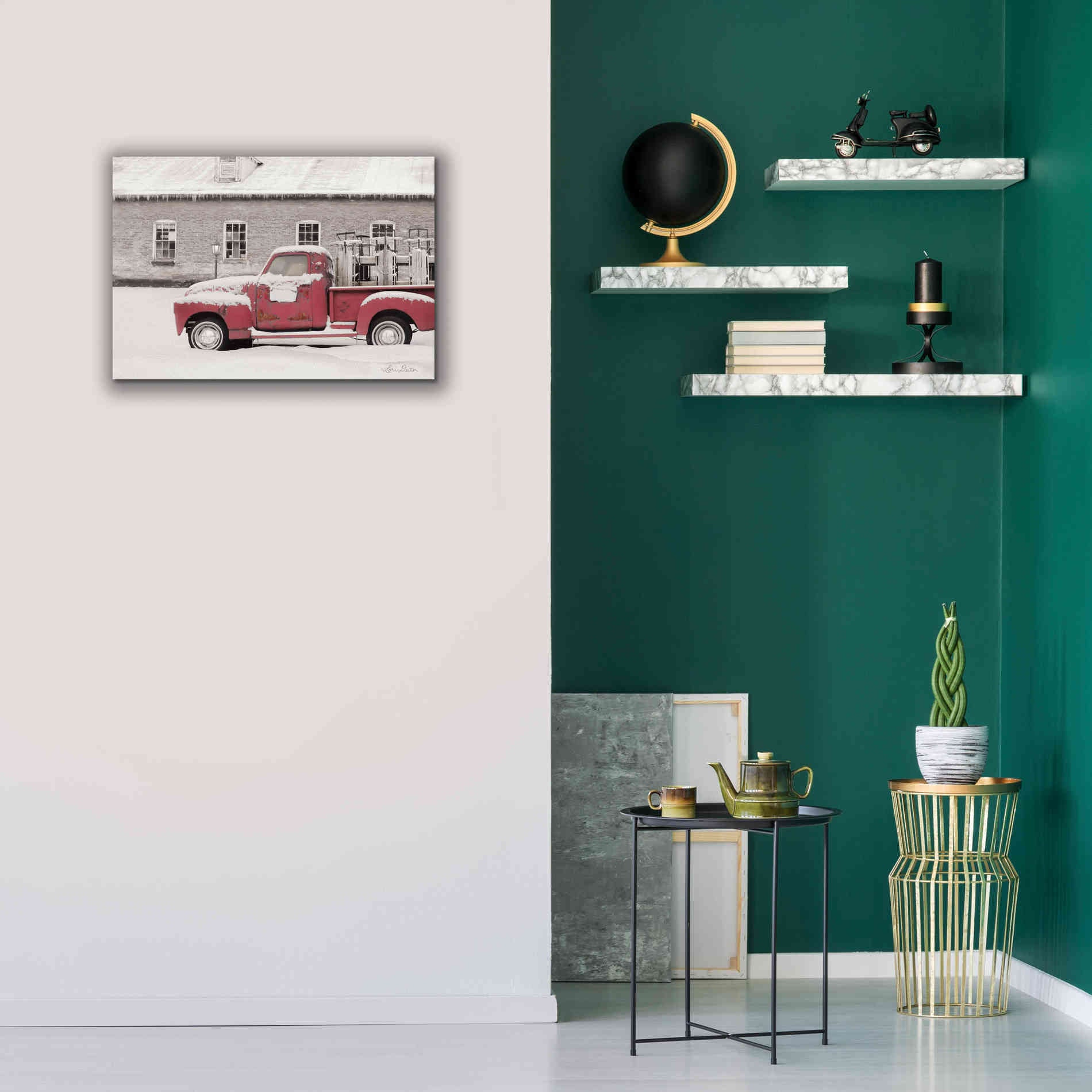 'Old Sled Works Red Truck' by Lori Deiter, Canvas Wall Art,26 x 18