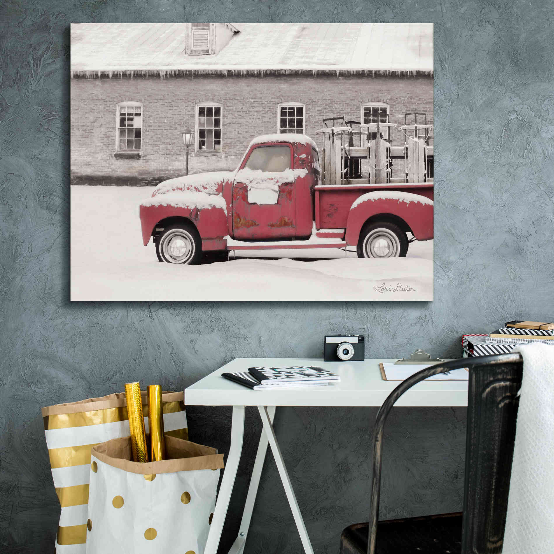 'Old Sled Works Red Truck' by Lori Deiter, Canvas Wall Art,34 x 26