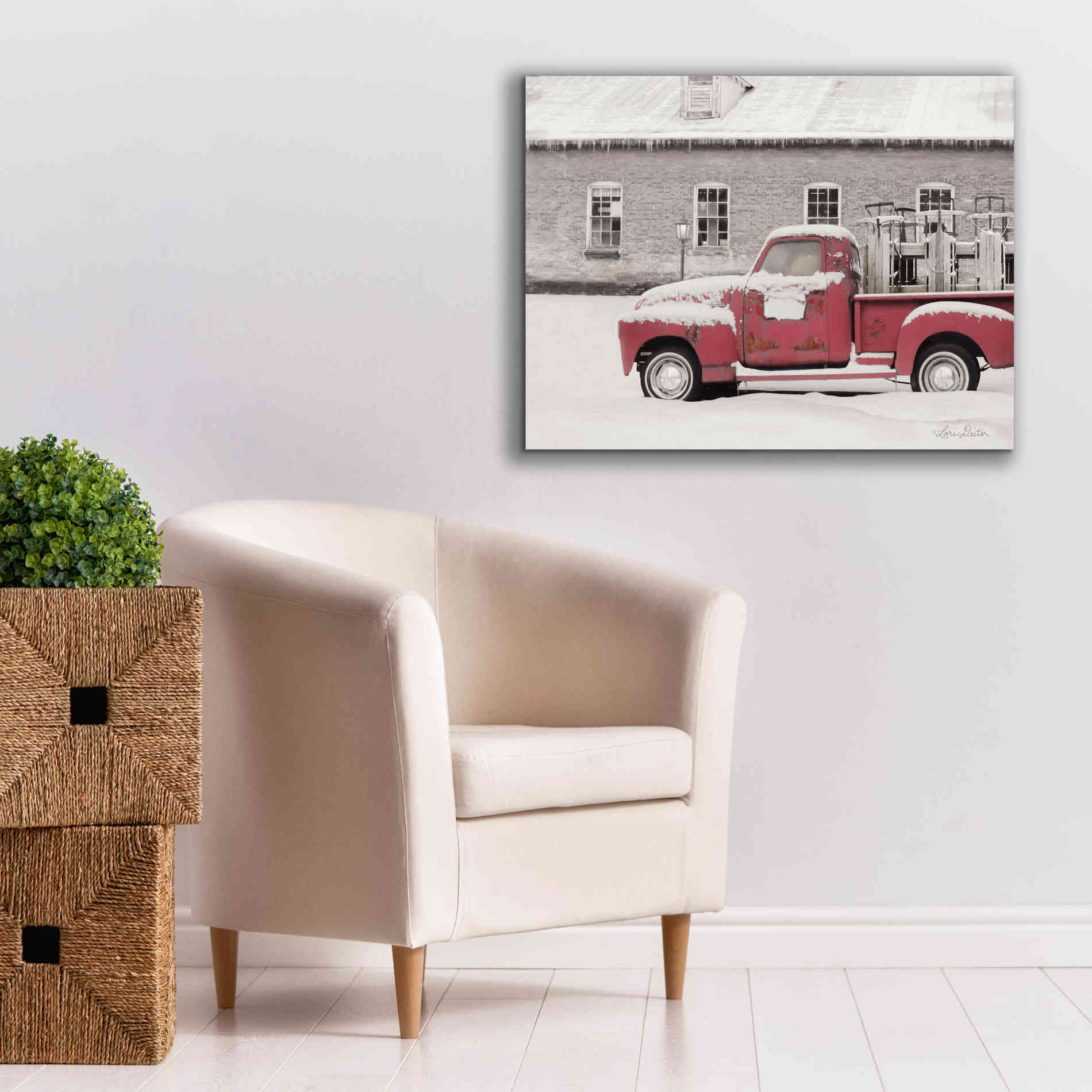 'Old Sled Works Red Truck' by Lori Deiter, Canvas Wall Art,34 x 26