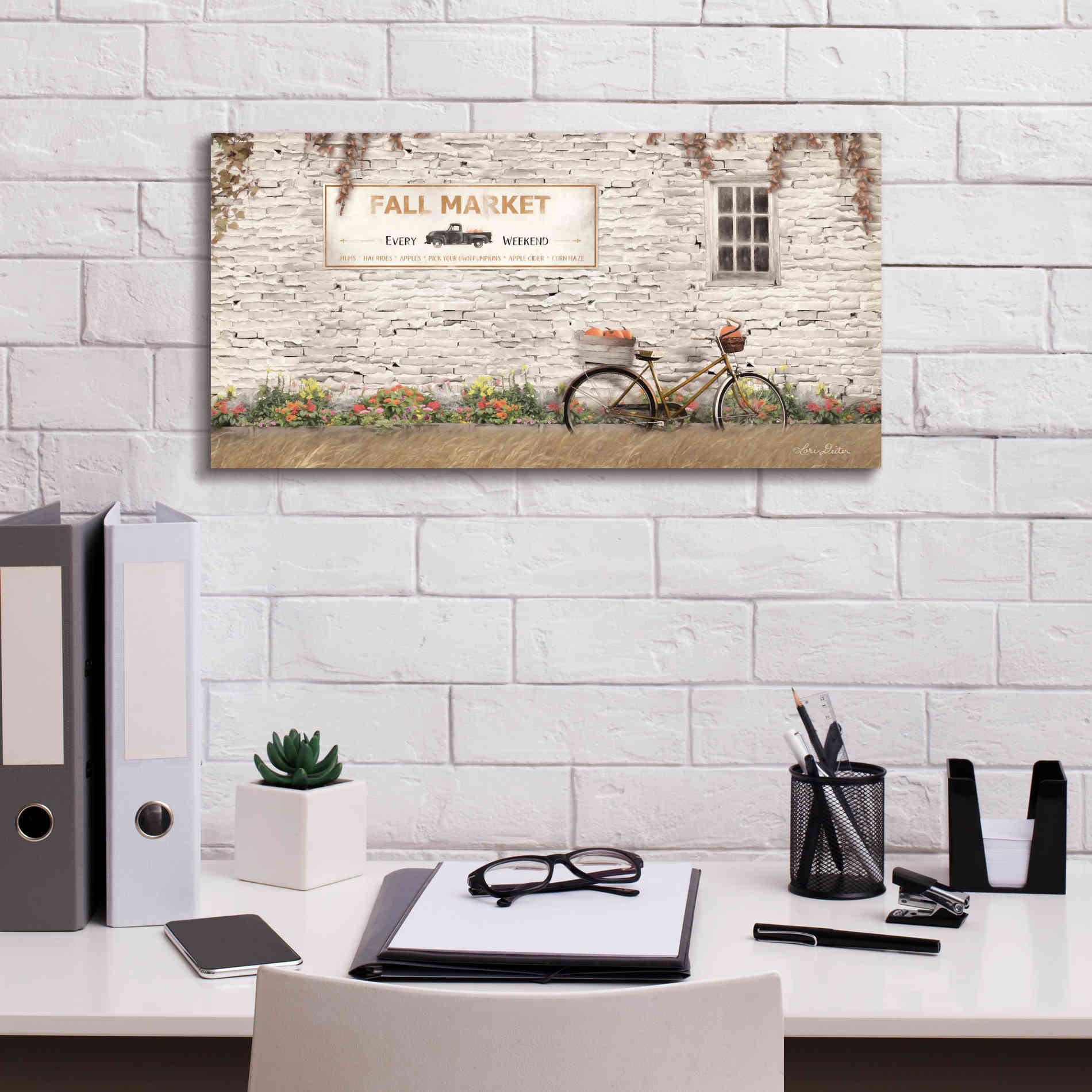 'Fall Market with Bike' by Lori Deiter, Canvas Wall Art,24 x 12