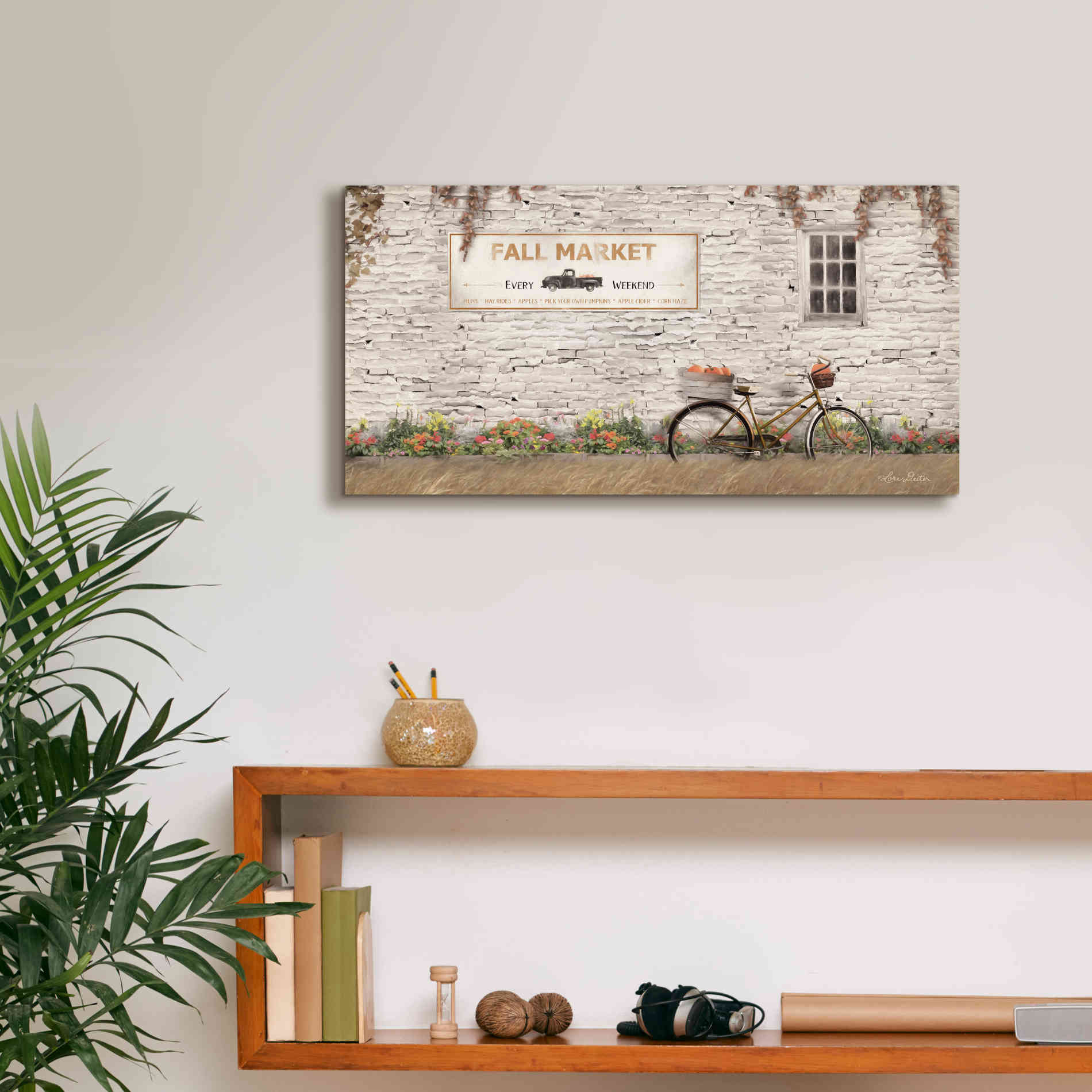 'Fall Market with Bike' by Lori Deiter, Canvas Wall Art,24 x 12