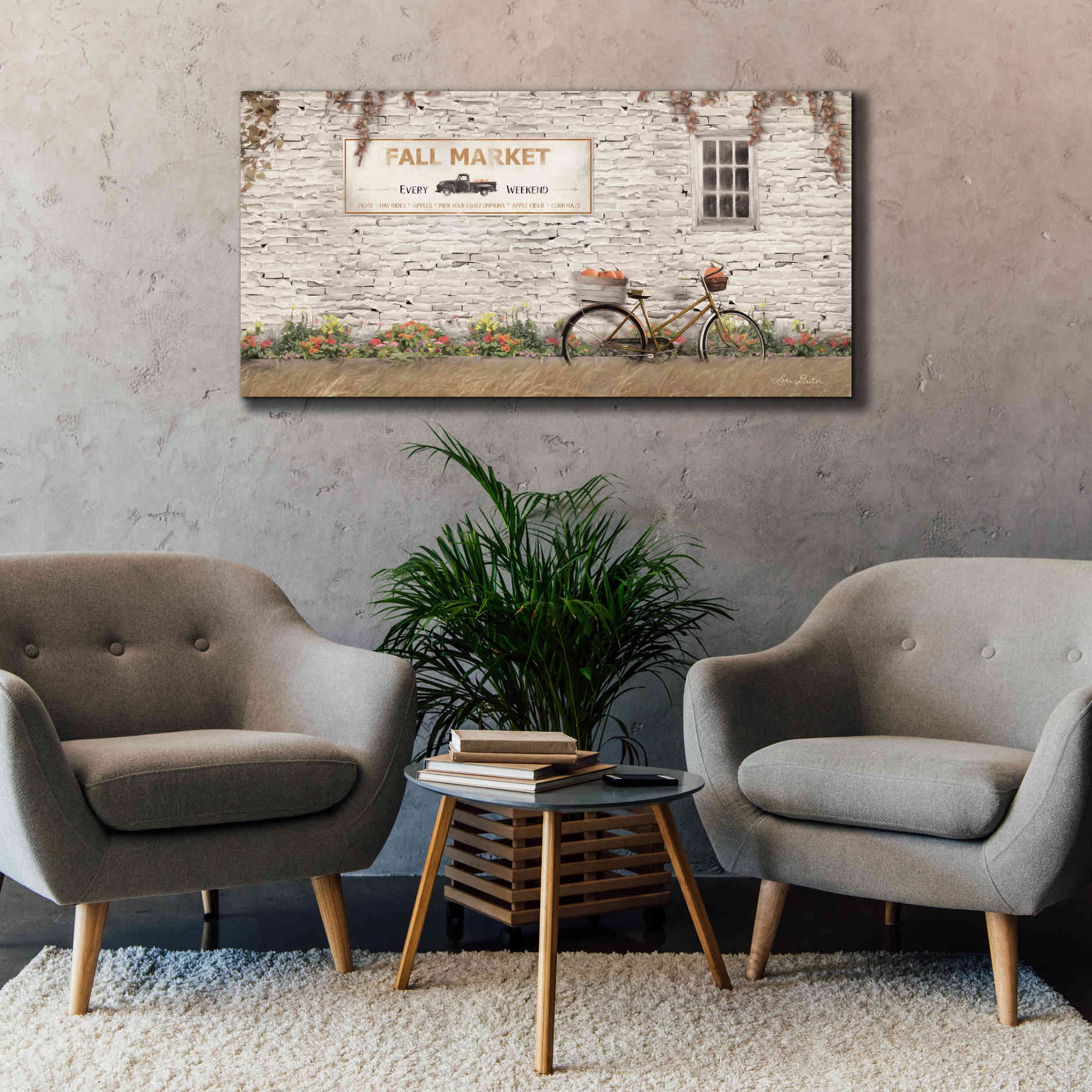 'Fall Market with Bike' by Lori Deiter, Canvas Wall Art,60 x 30