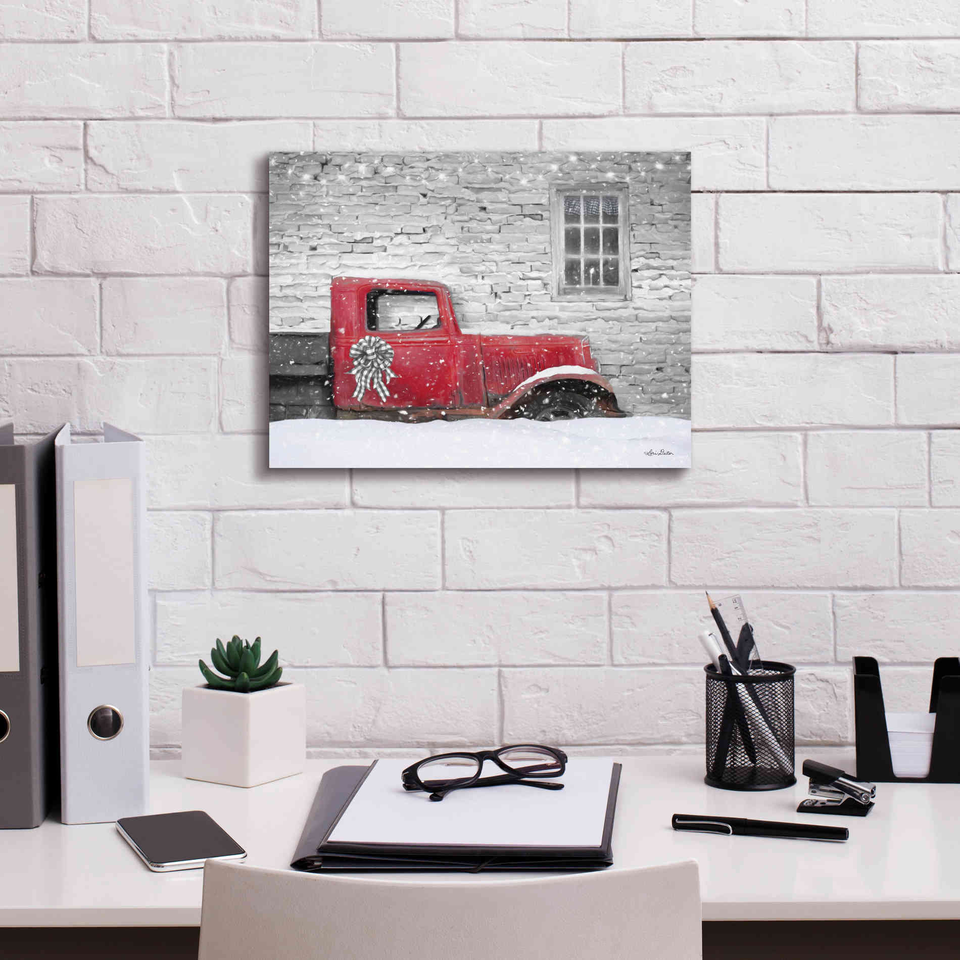 'Christmas Truck with Plaid Bow' by Lori Deiter, Canvas Wall Art,16 x 12