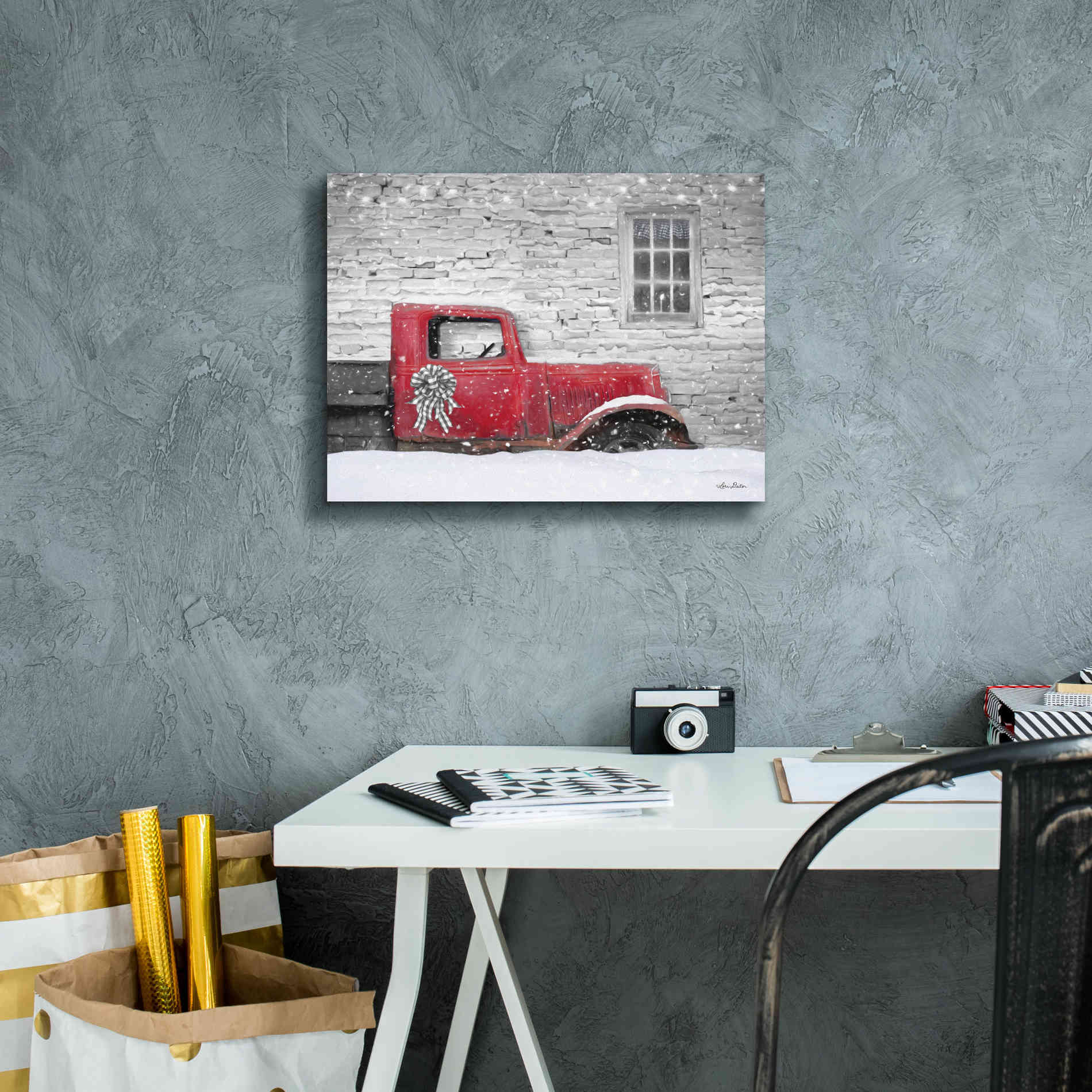 'Christmas Truck with Plaid Bow' by Lori Deiter, Canvas Wall Art,16 x 12