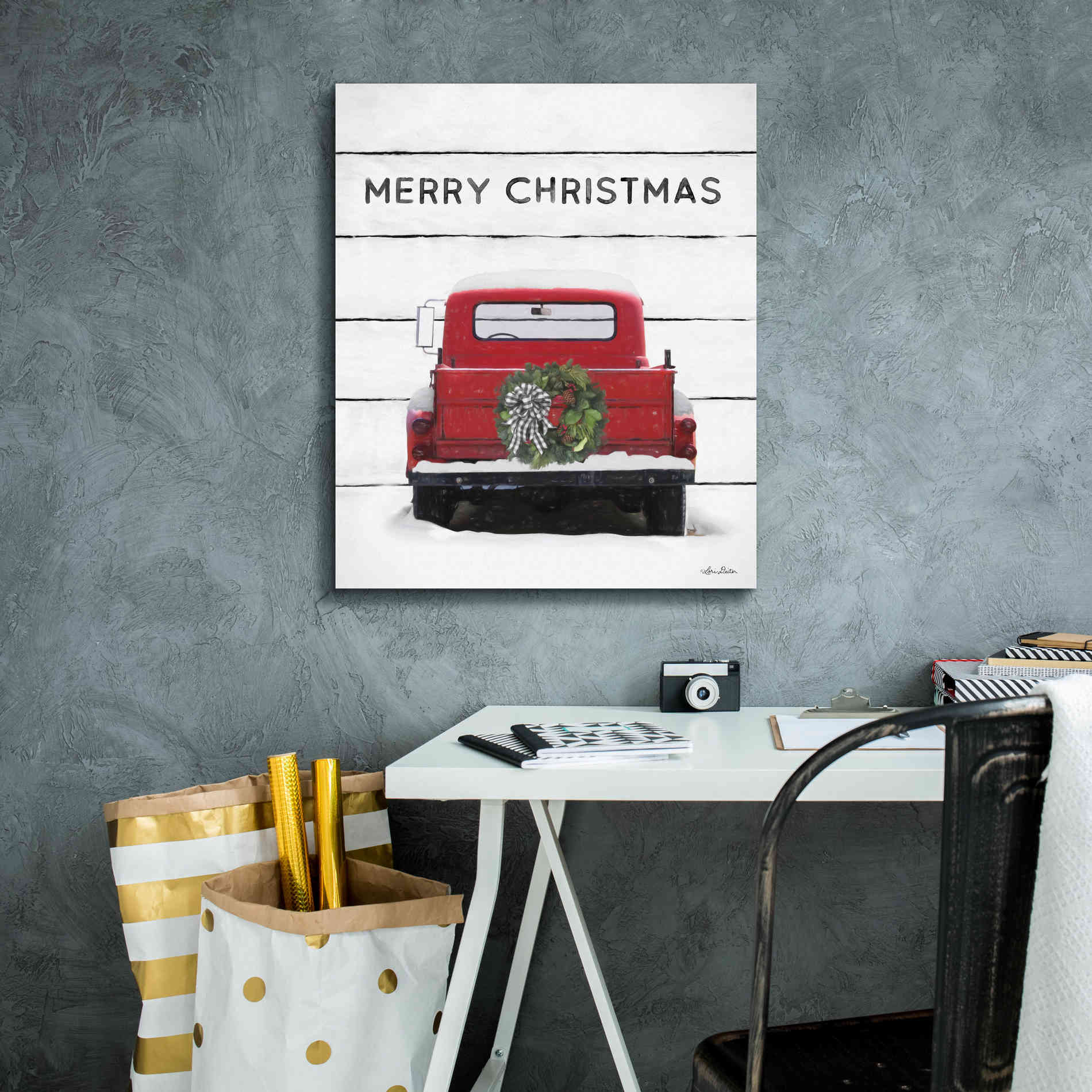 'Christmas Truck on Wood' by Lori Deiter, Canvas Wall Art,20 x 24