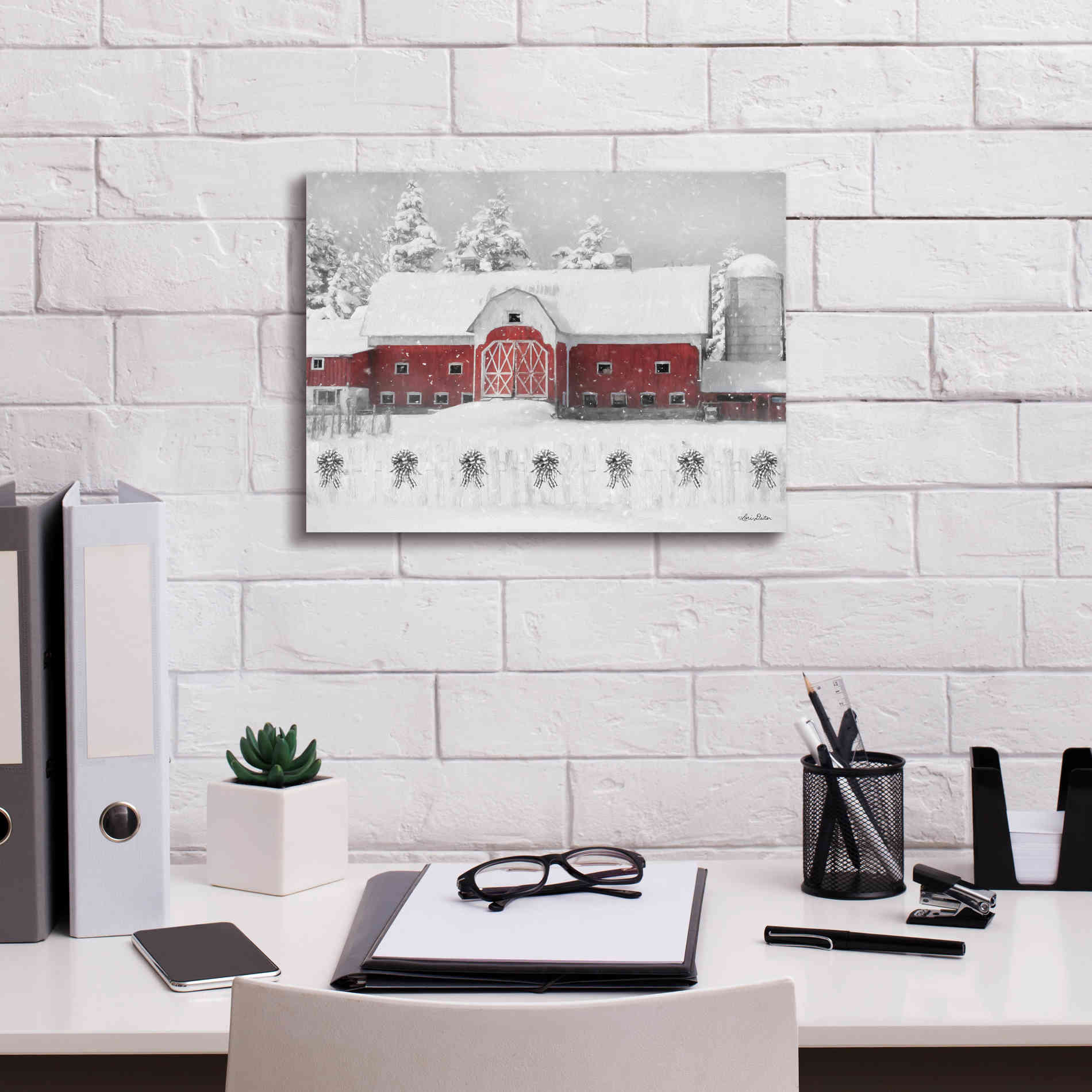 'Barn with Fence and Bows' by Lori Deiter, Canvas Wall Art,16 x 12