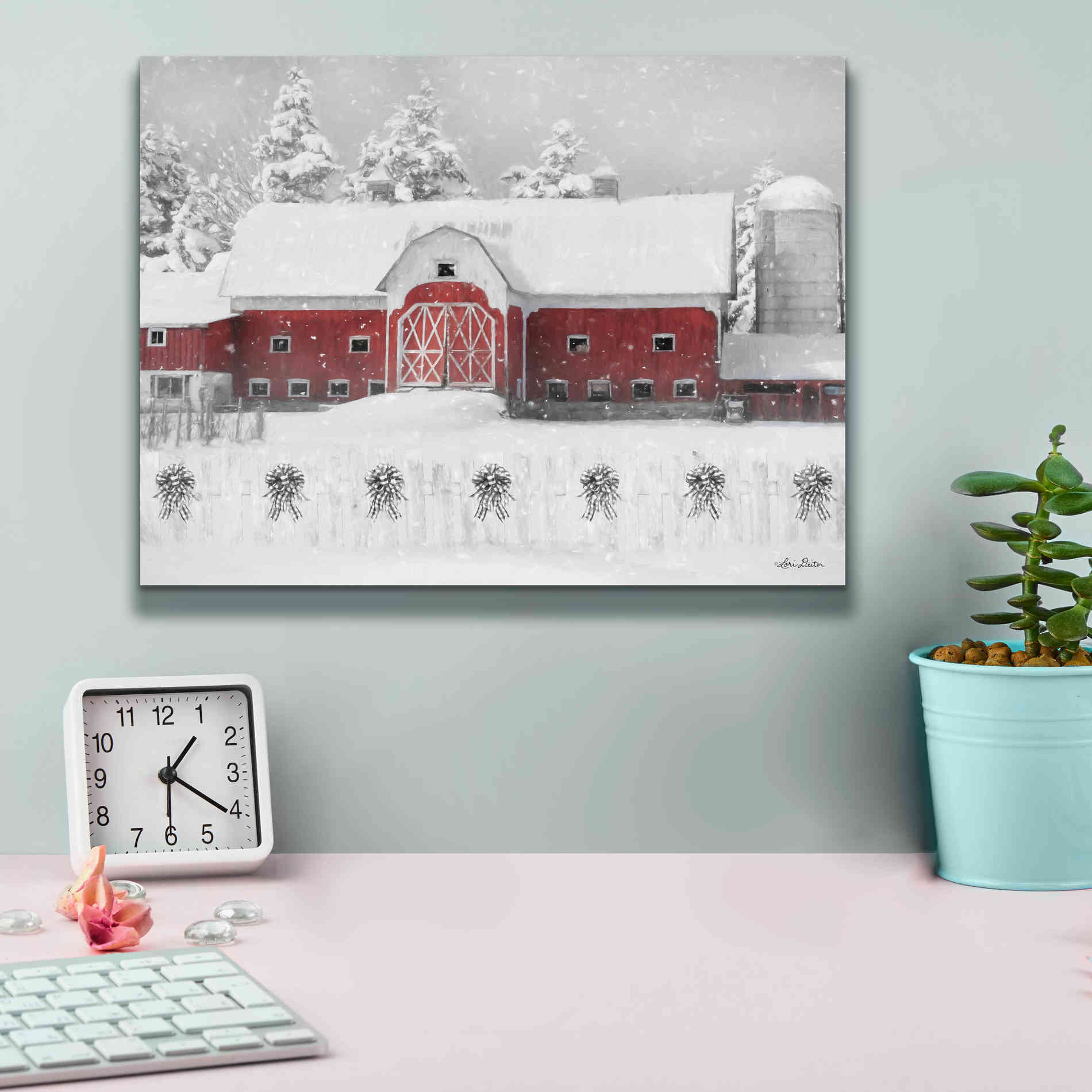 'Barn with Fence and Bows' by Lori Deiter, Canvas Wall Art,16 x 12