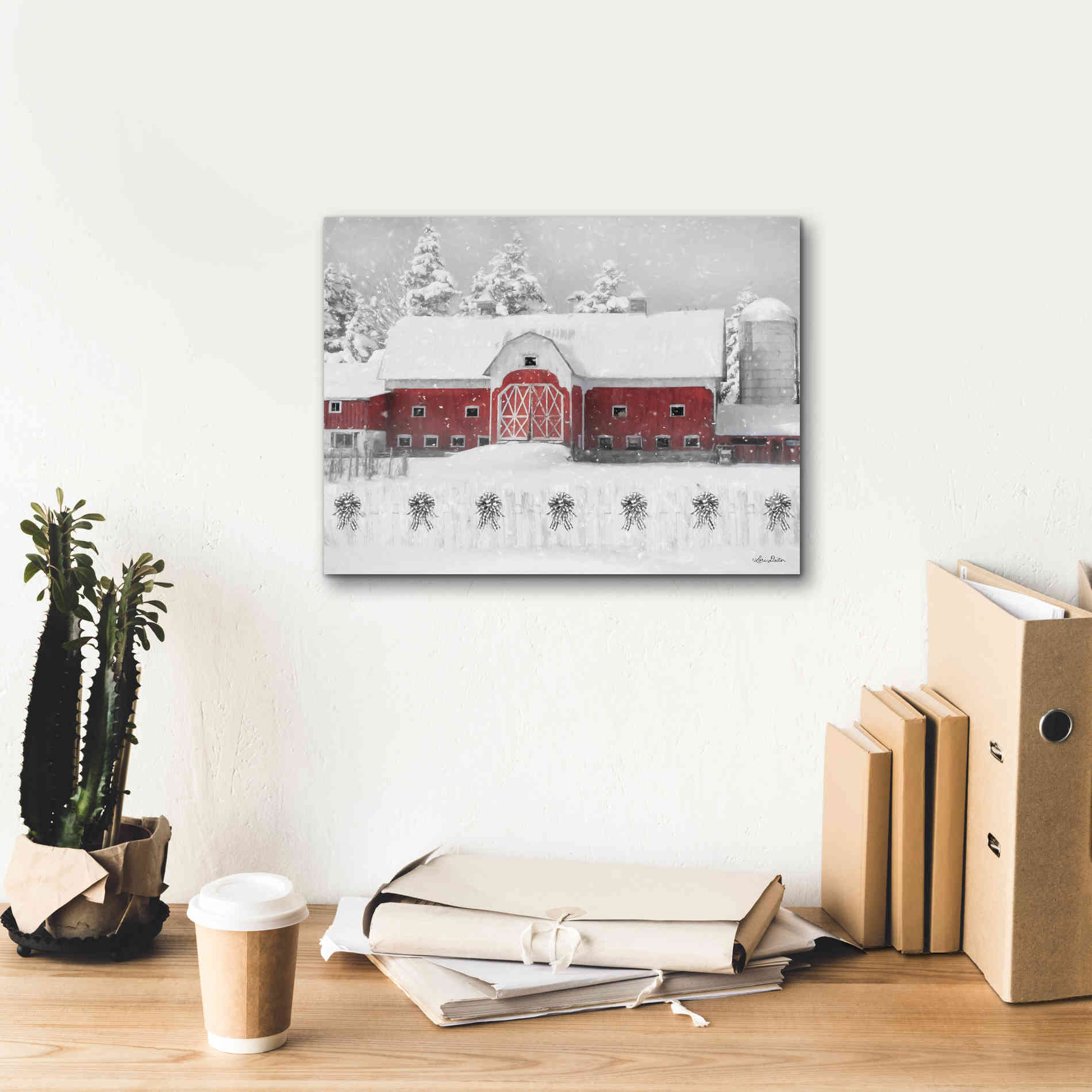 'Barn with Fence and Bows' by Lori Deiter, Canvas Wall Art,16 x 12