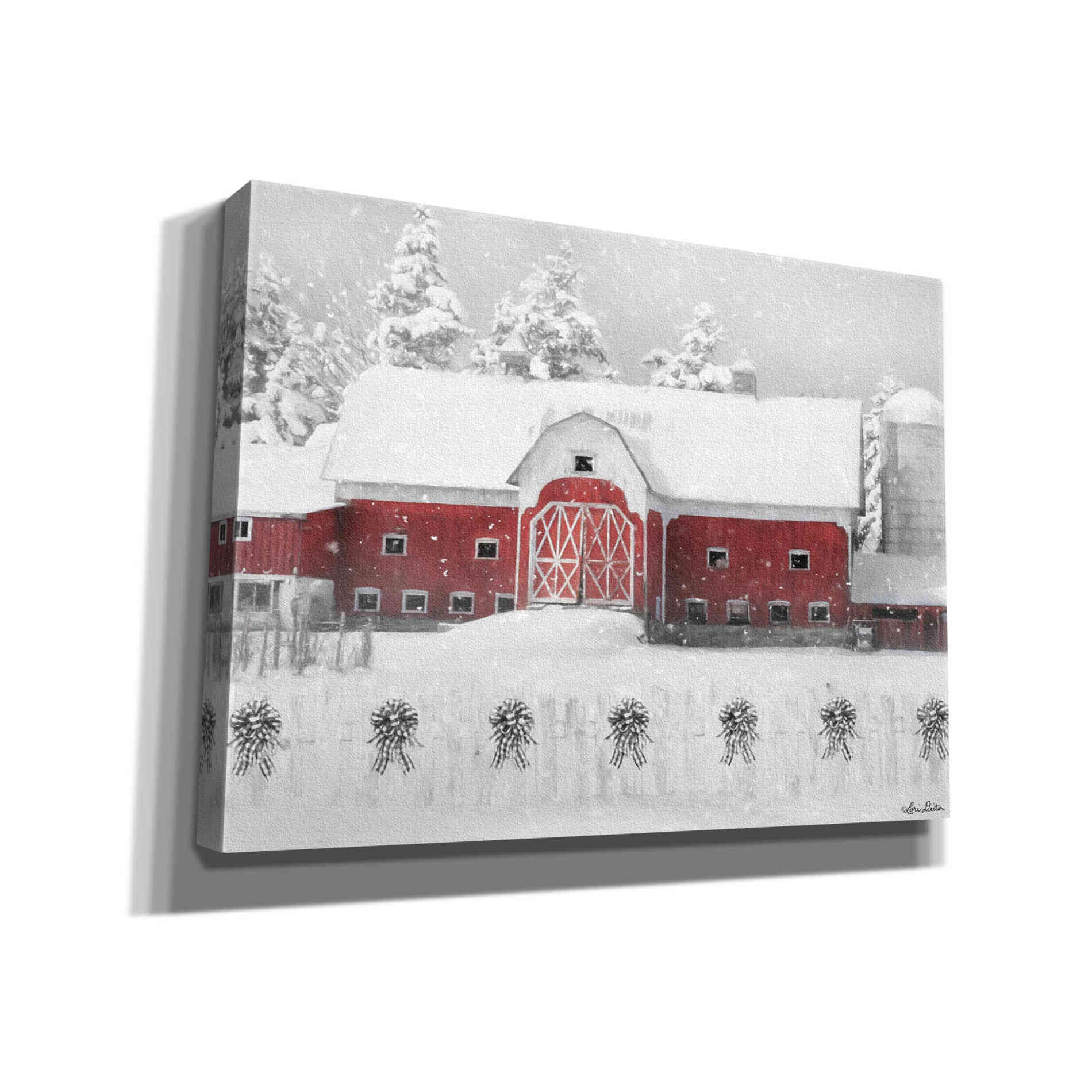 'Barn with Fence and Bows' by Lori Deiter, Canvas Wall Art