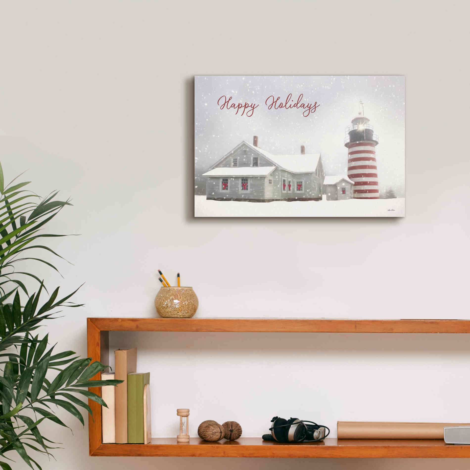 'Happy Holidays Lighthouse' by Lori Deiter, Canvas Wall Art,18 x 12