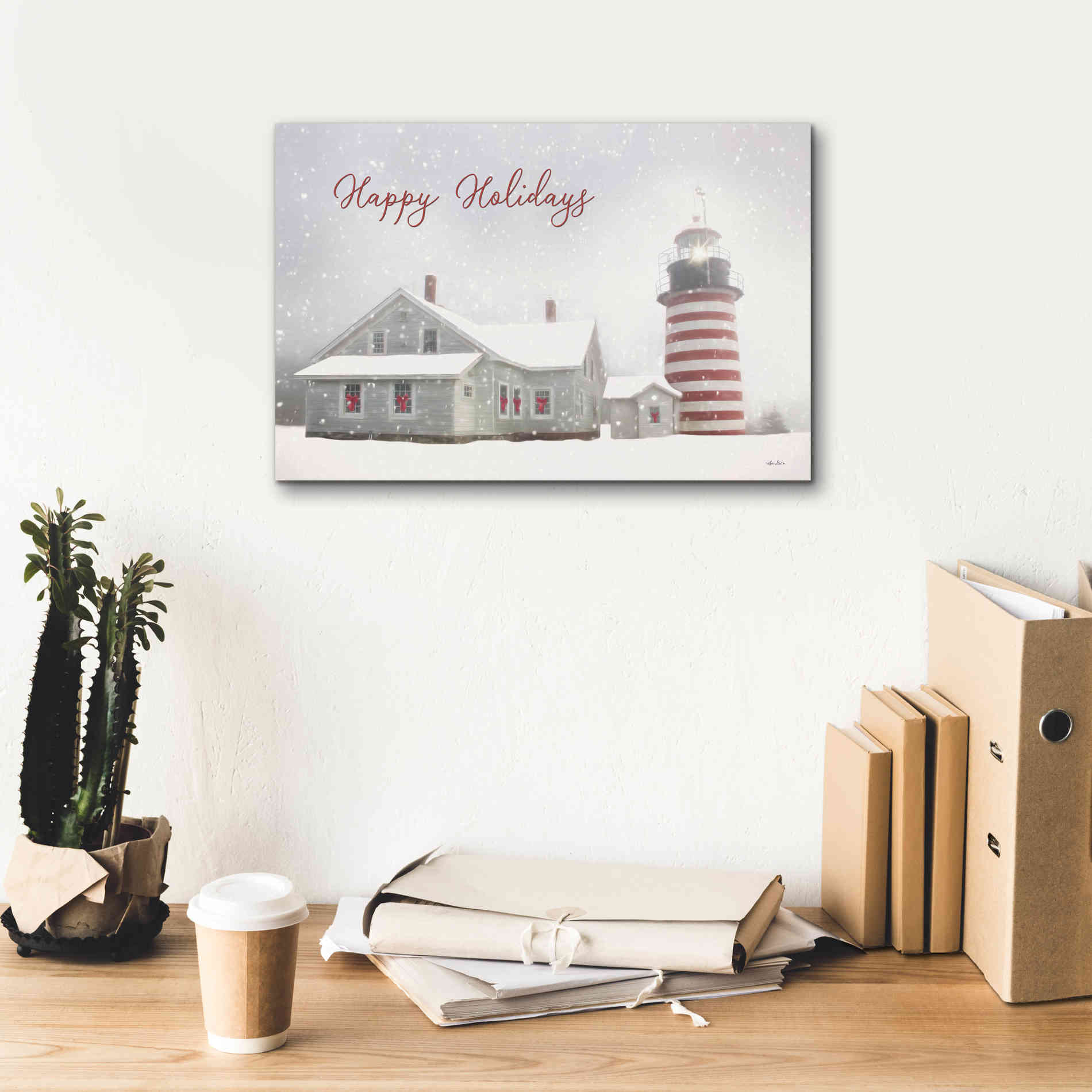 'Happy Holidays Lighthouse' by Lori Deiter, Canvas Wall Art,18 x 12