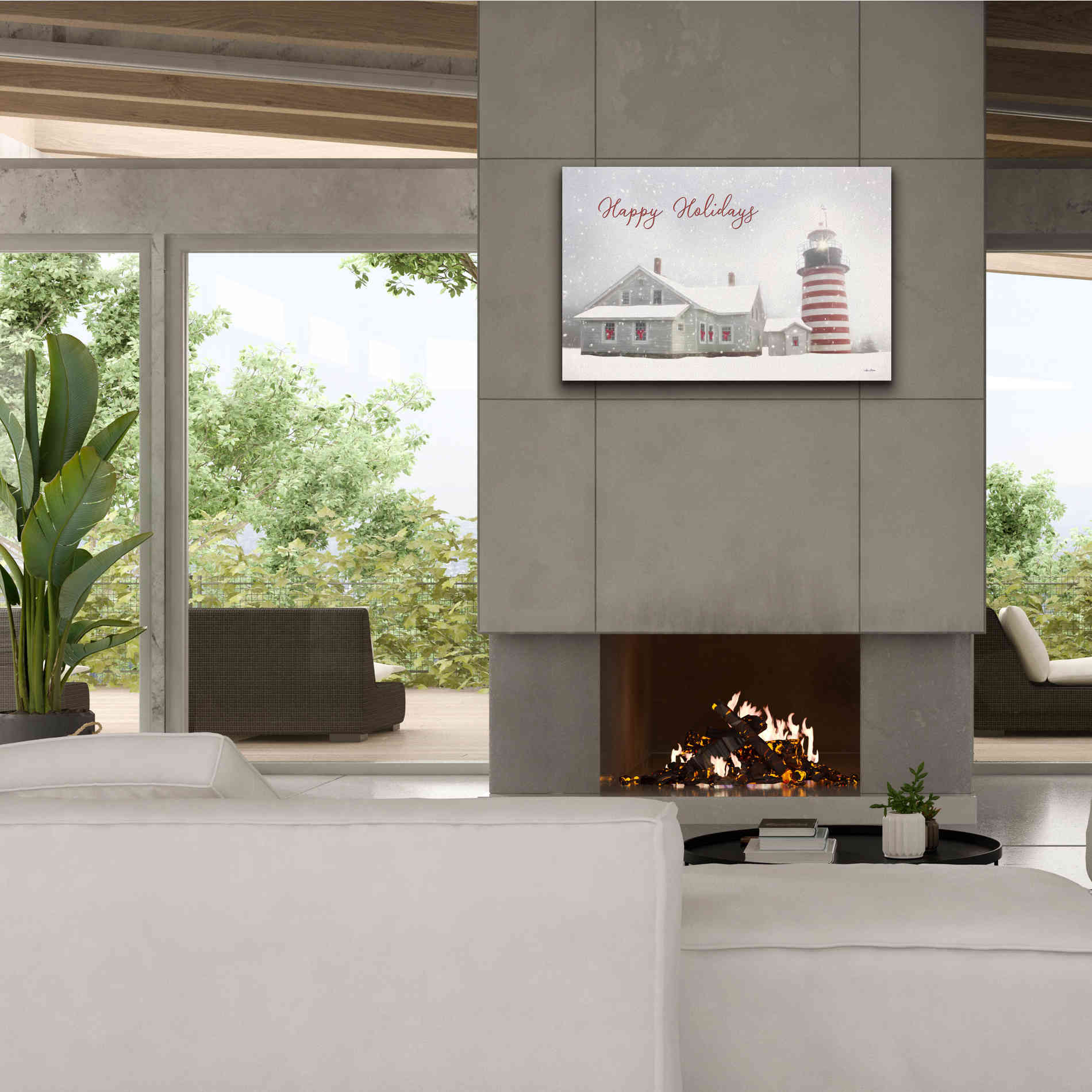 'Happy Holidays Lighthouse' by Lori Deiter, Canvas Wall Art,40 x 26