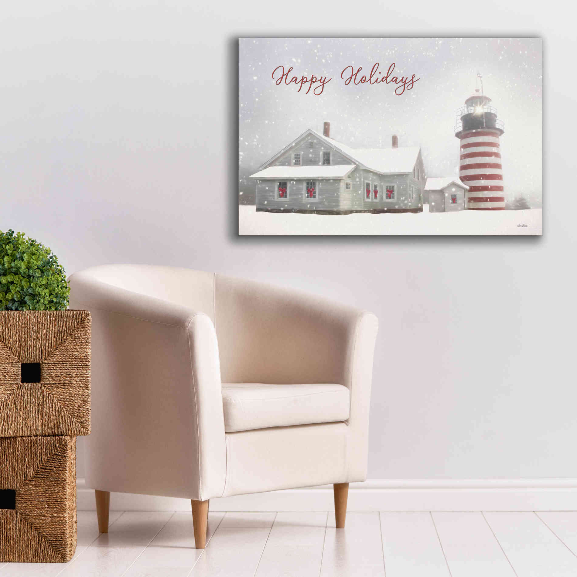 'Happy Holidays Lighthouse' by Lori Deiter, Canvas Wall Art,40 x 26
