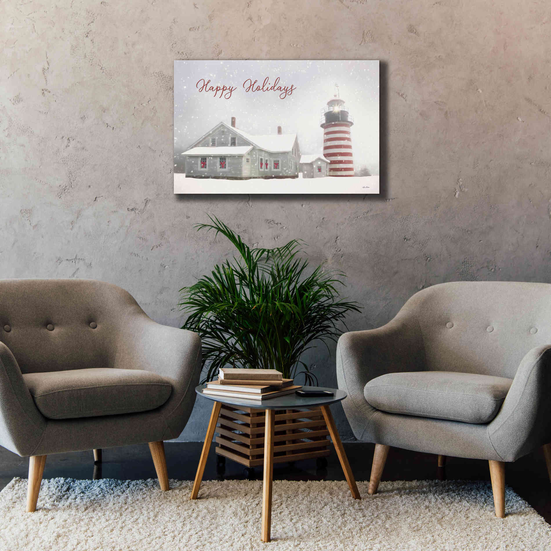 'Happy Holidays Lighthouse' by Lori Deiter, Canvas Wall Art,40 x 26