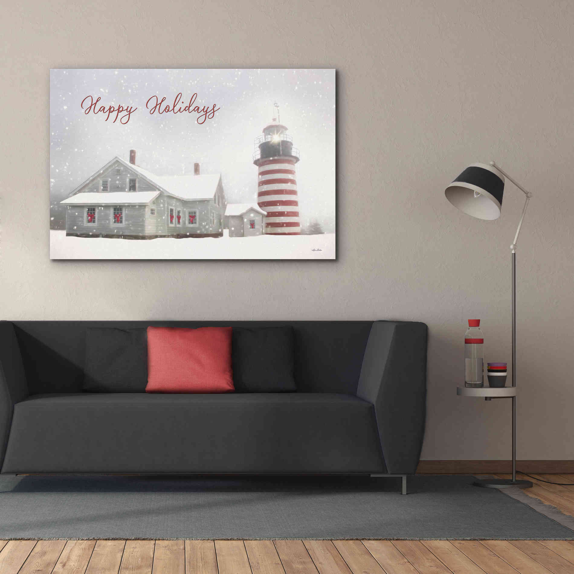 'Happy Holidays Lighthouse' by Lori Deiter, Canvas Wall Art,60 x 40