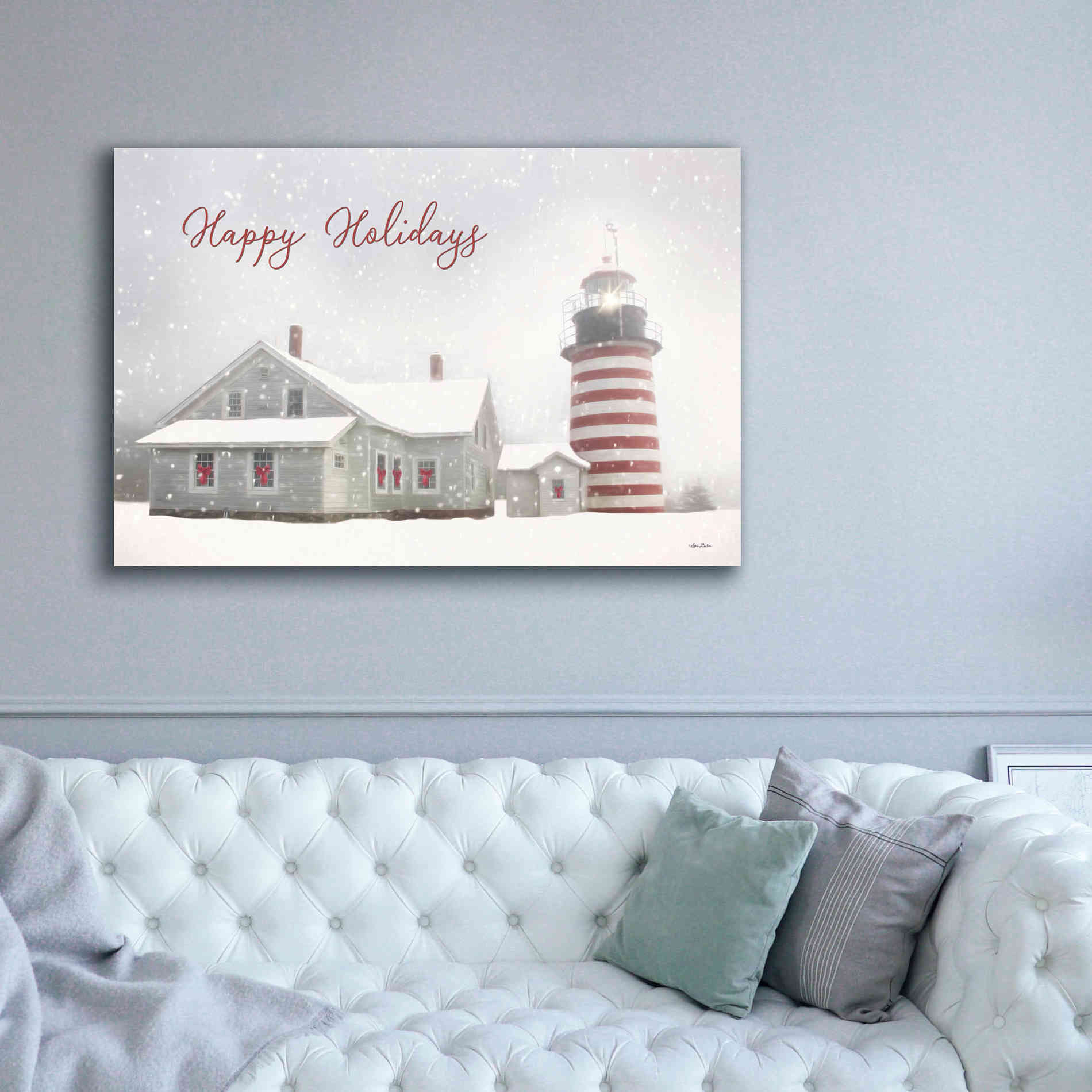 'Happy Holidays Lighthouse' by Lori Deiter, Canvas Wall Art,60 x 40