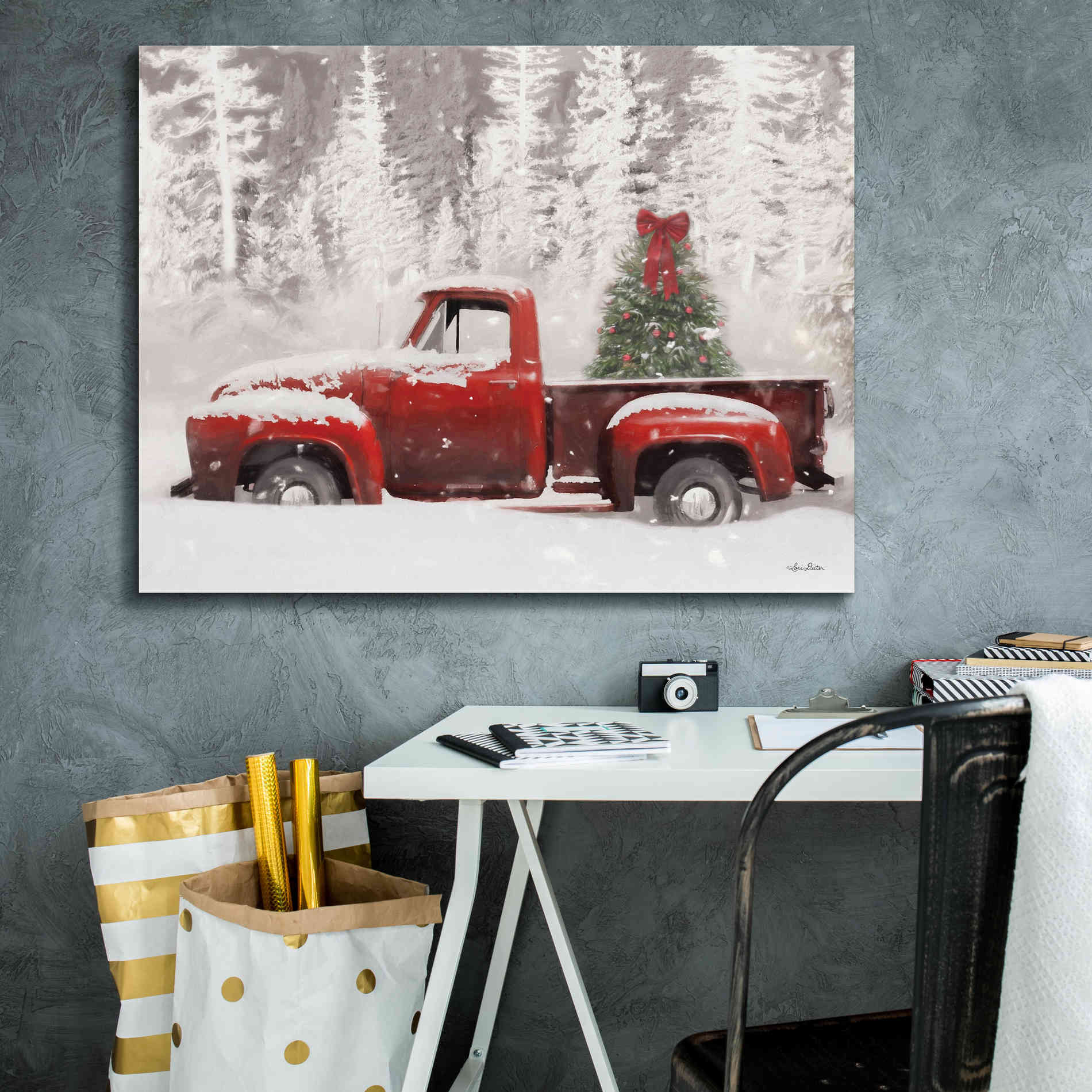'Red Truck with Christmas Tree II' by Lori Deiter, Canvas Wall Art,34 x 26
