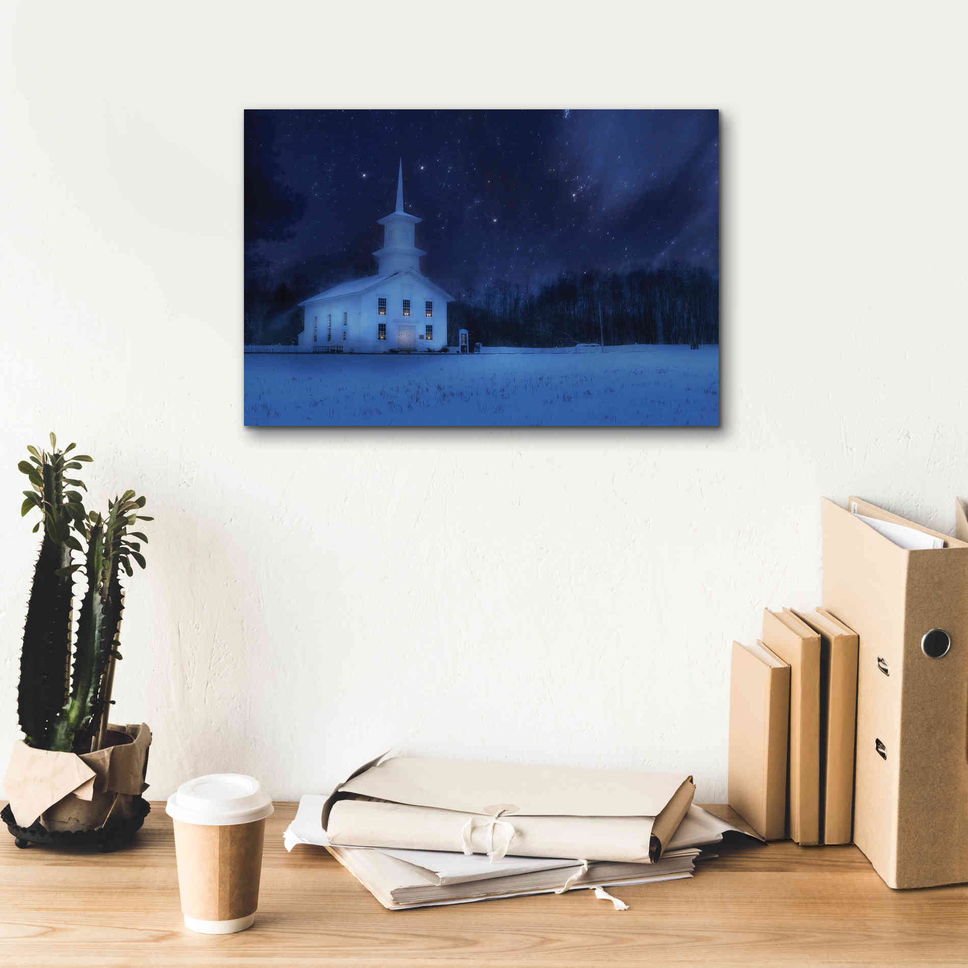 'Starry Night Church' by Lori Deiter, Canvas Wall Art,18 x 12
