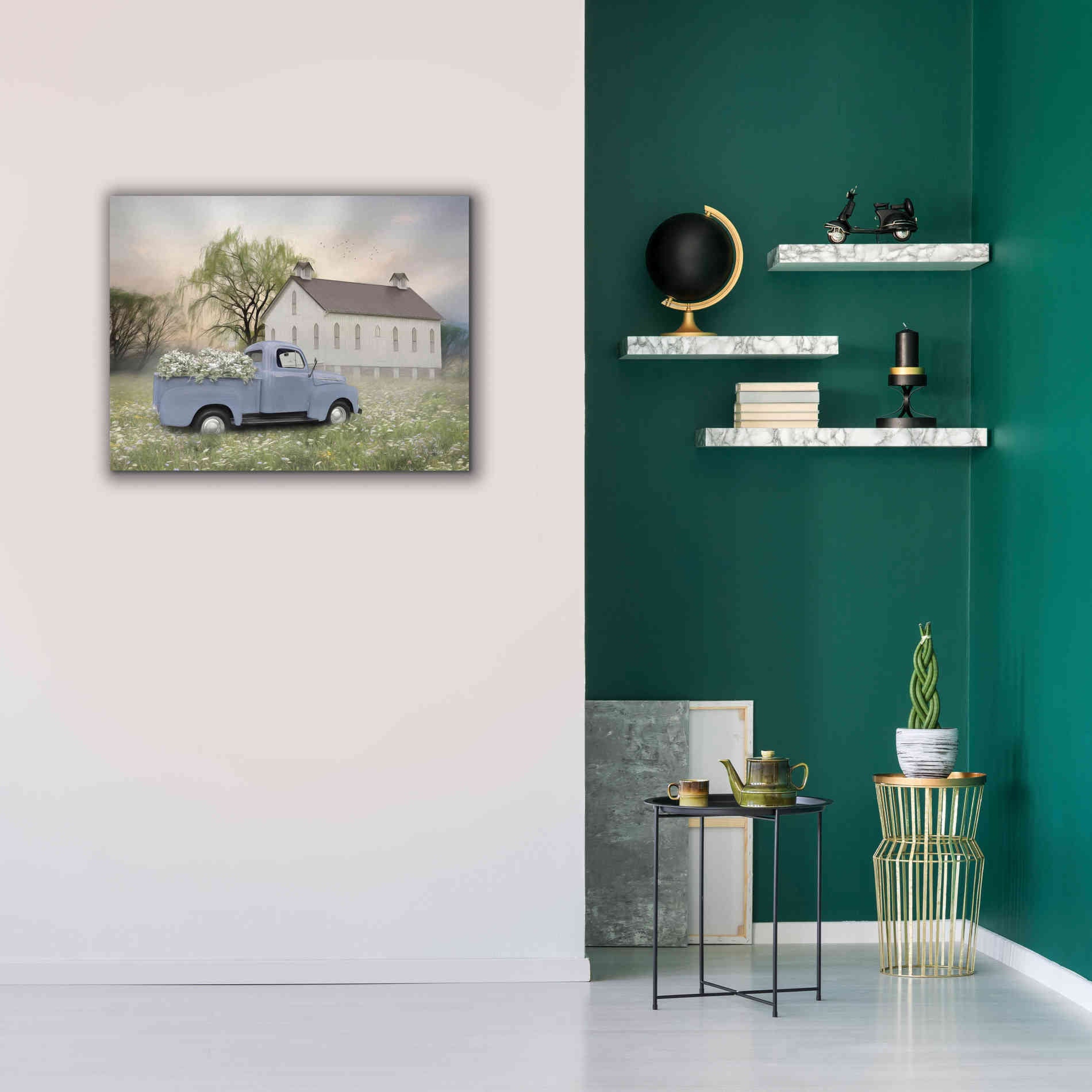 'Blue Ford at Barn' by Lori Deiter, Canvas Wall Art,34 x 26