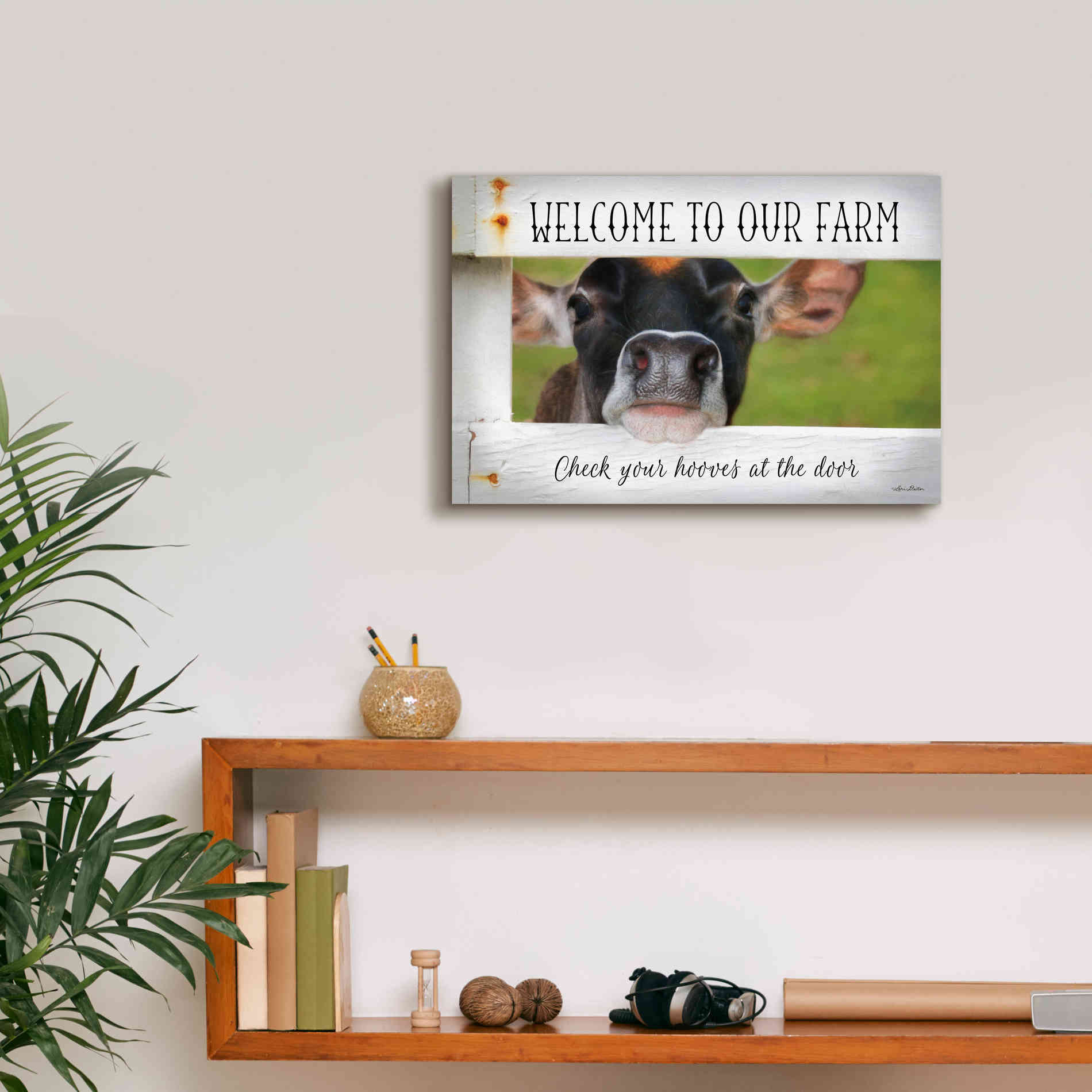 'Welcome Cow' by Lori Deiter Canvas Wall Art,18 x 12