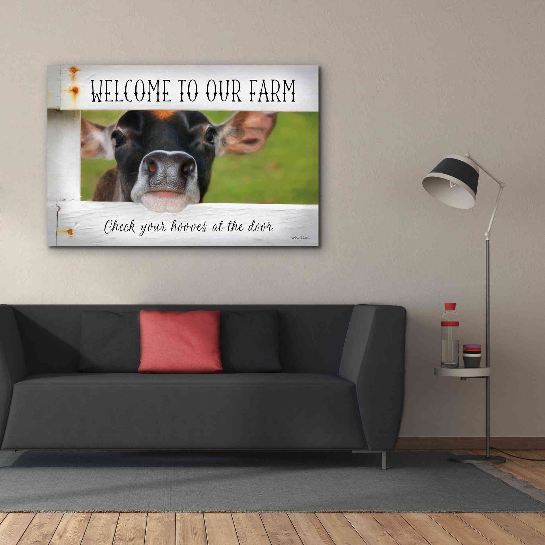 'Welcome Cow' by Lori Deiter Canvas Wall Art,60 x 40