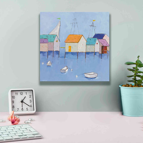 Image of 'Boat House Row Dark Blue Sky' by Phyllis Adams, Canvas Wall Art,12 x 12
