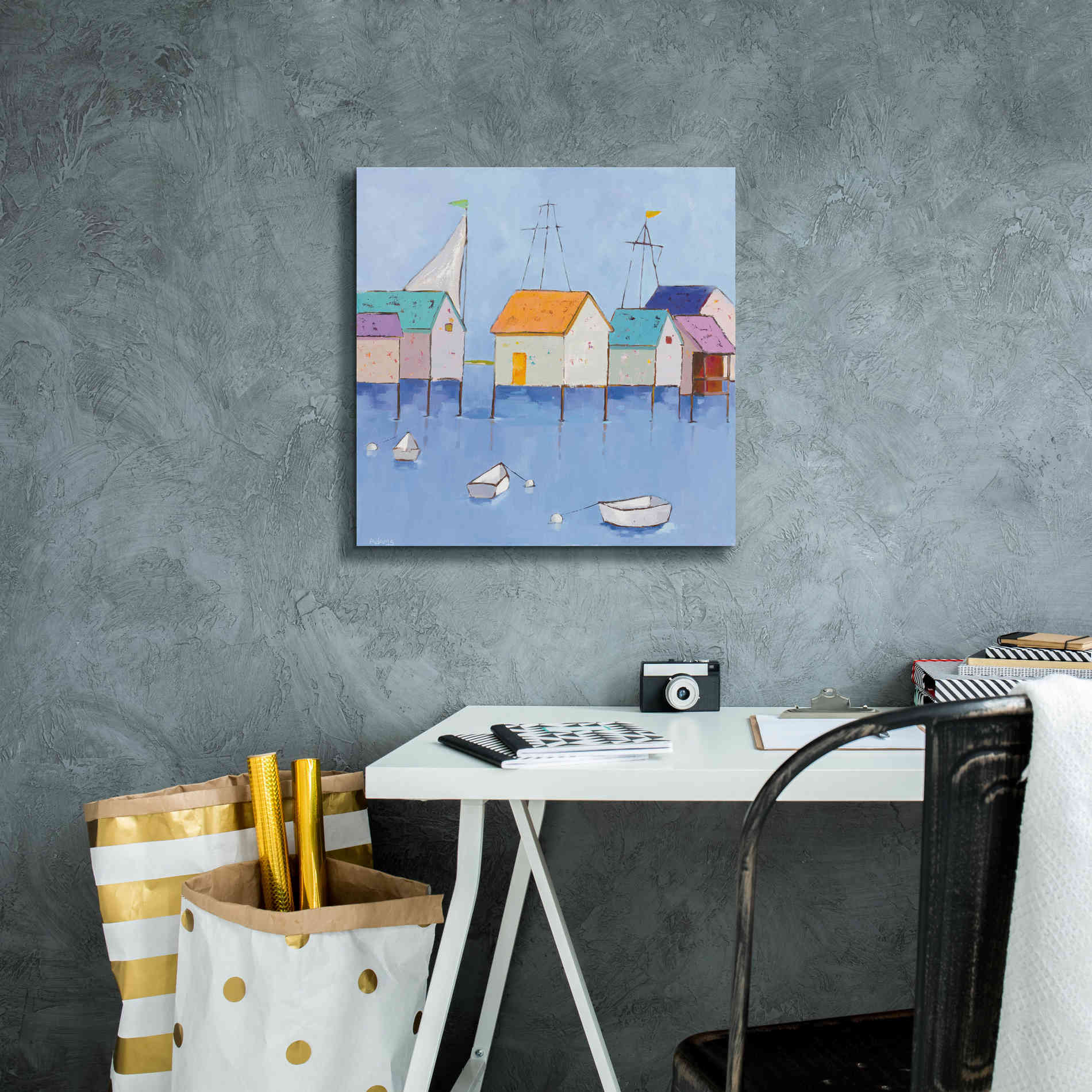 'Boat House Row Dark Blue Sky' by Phyllis Adams, Canvas Wall Art,18 x 18