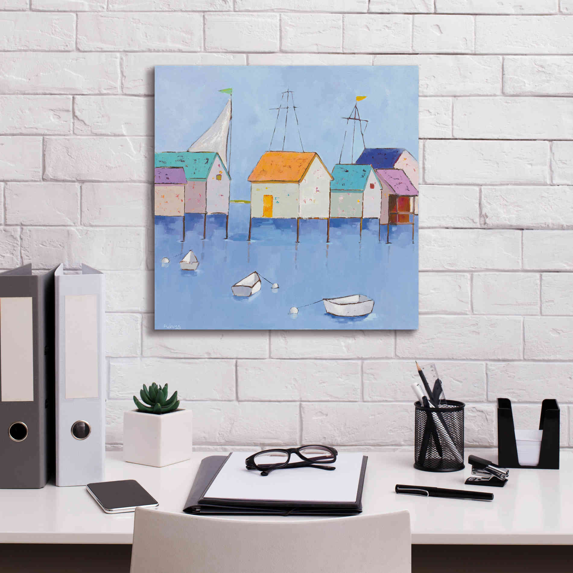 'Boat House Row Dark Blue Sky' by Phyllis Adams, Canvas Wall Art,18 x 18