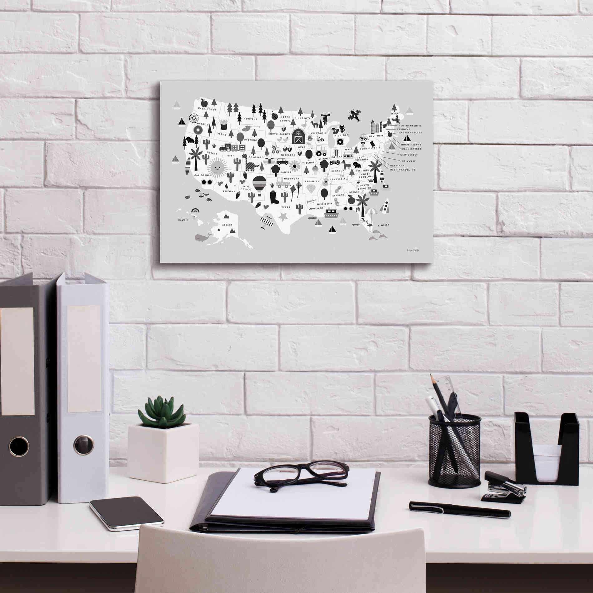 'Fun USA Map BW' by Ann Kelle Designs, Canvas Wall Art,18 x 12