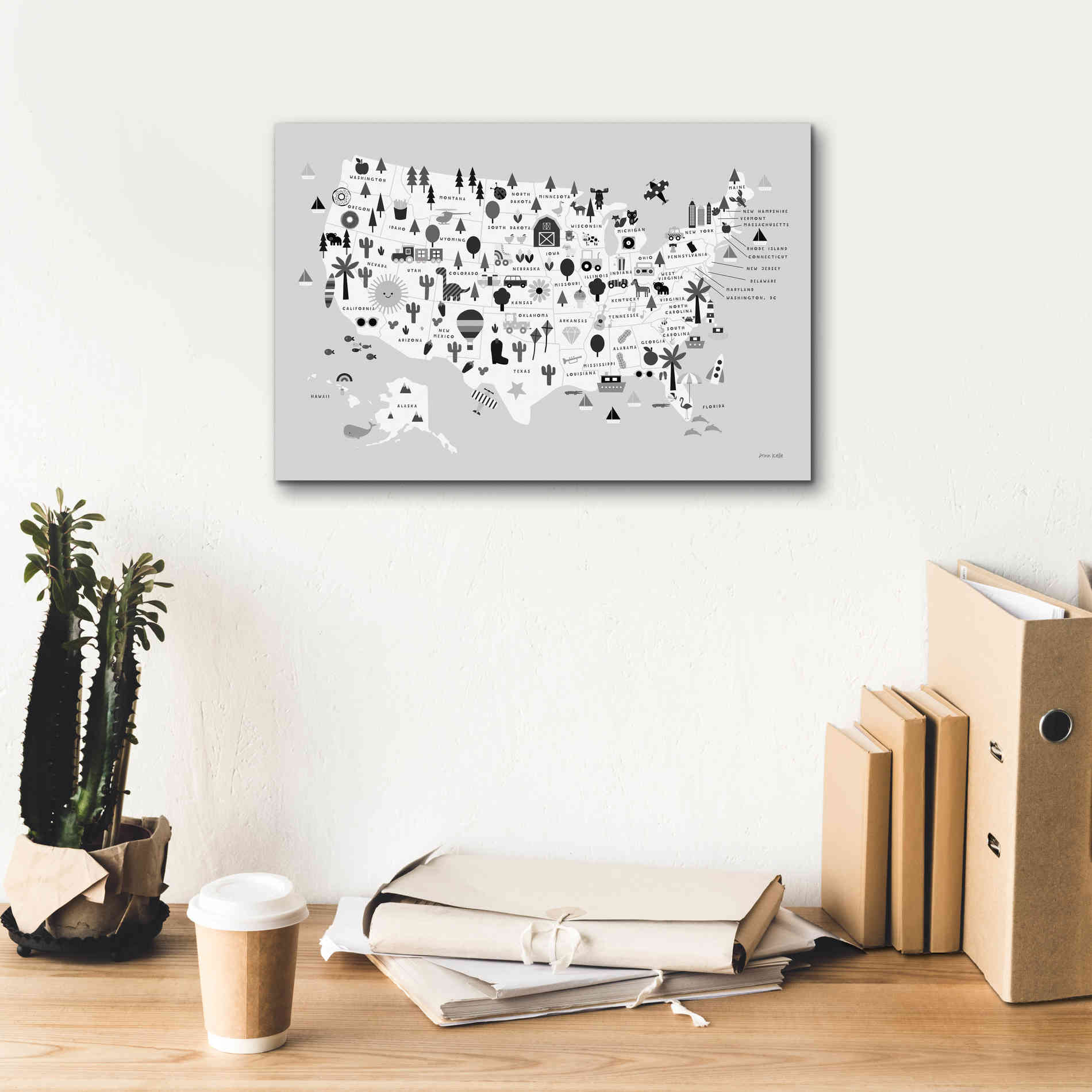 'Fun USA Map BW' by Ann Kelle Designs, Canvas Wall Art,18 x 12