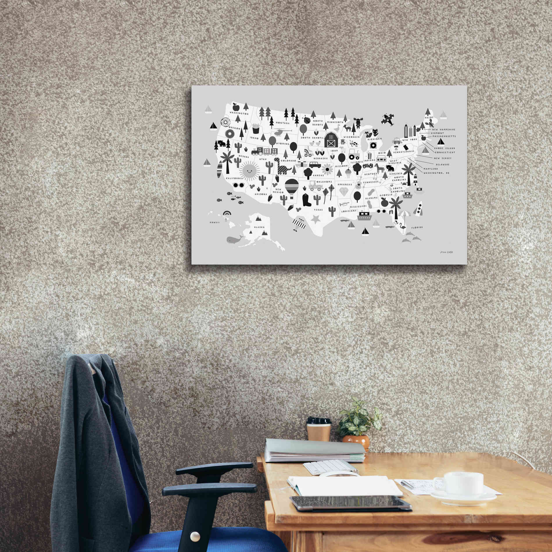 'Fun USA Map BW' by Ann Kelle Designs, Canvas Wall Art,40 x 26