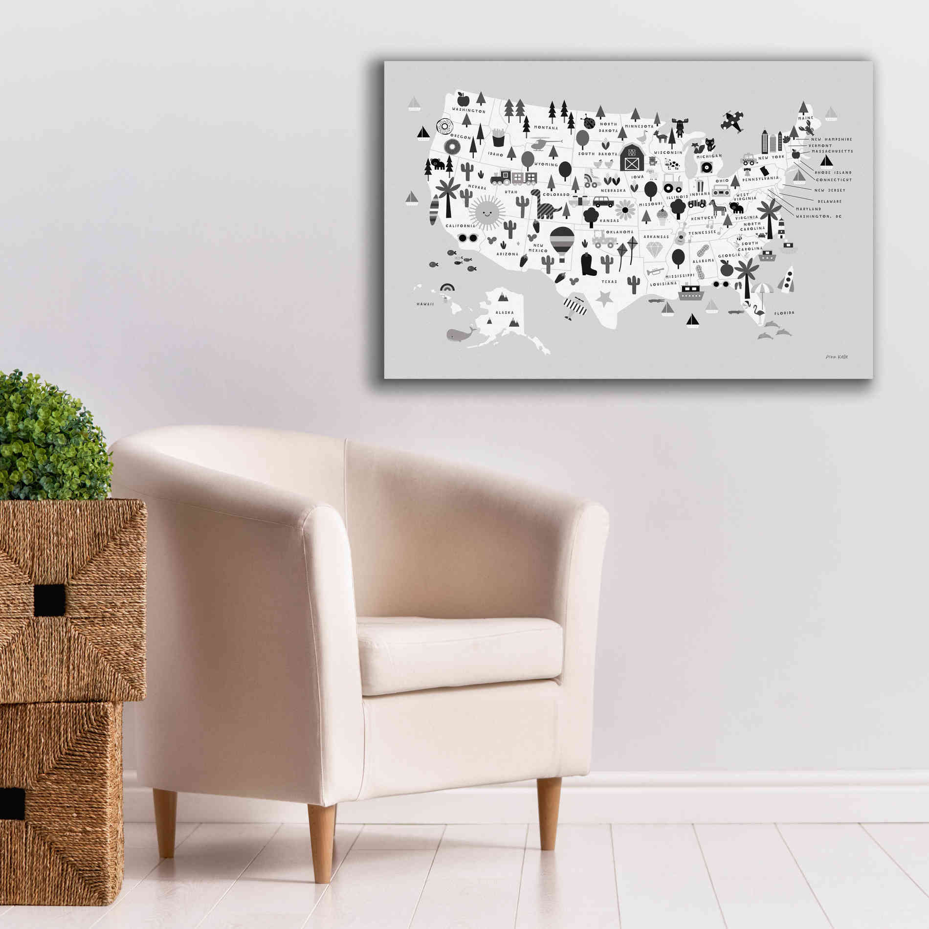'Fun USA Map BW' by Ann Kelle Designs, Canvas Wall Art,40 x 26