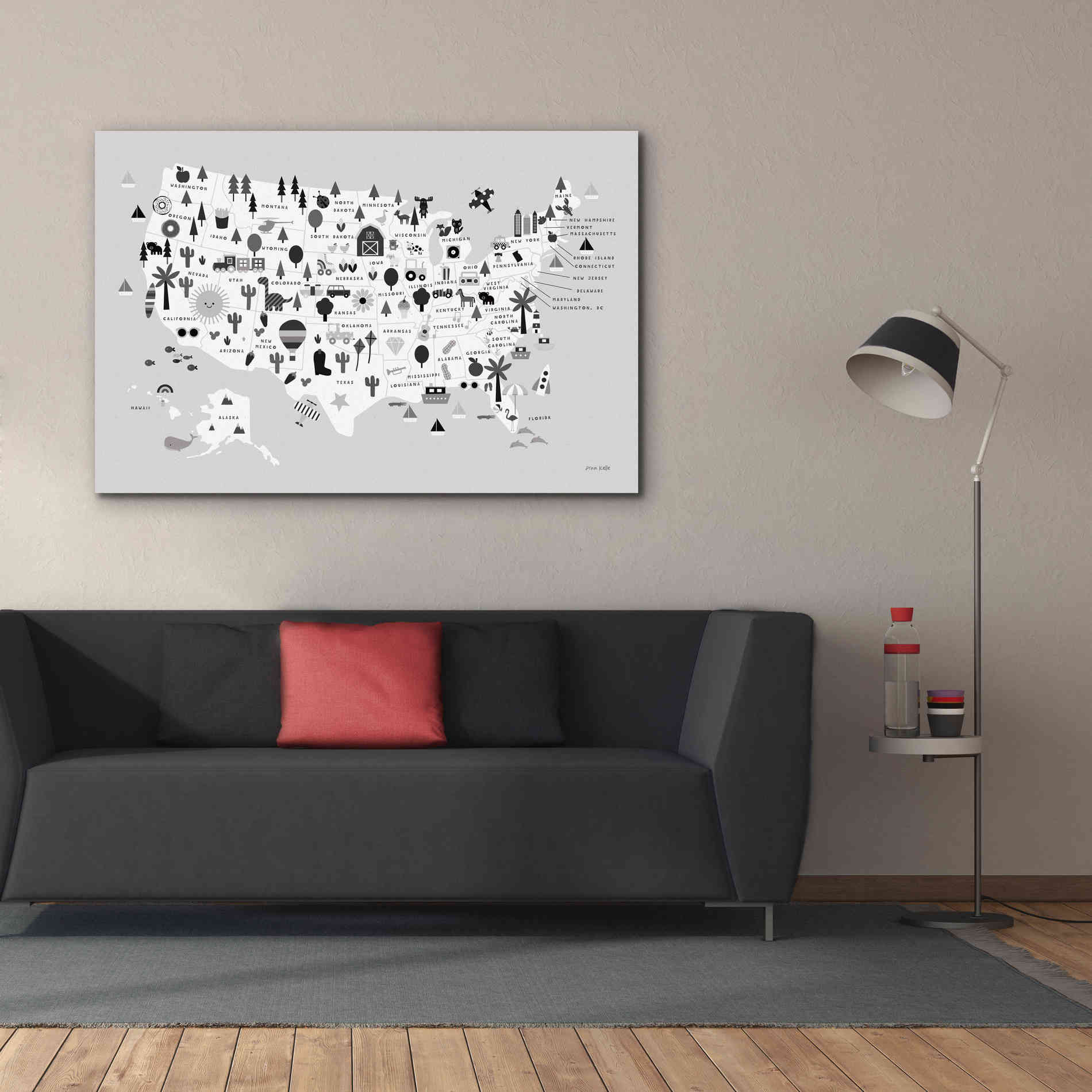 'Fun USA Map BW' by Ann Kelle Designs, Canvas Wall Art,60 x 40